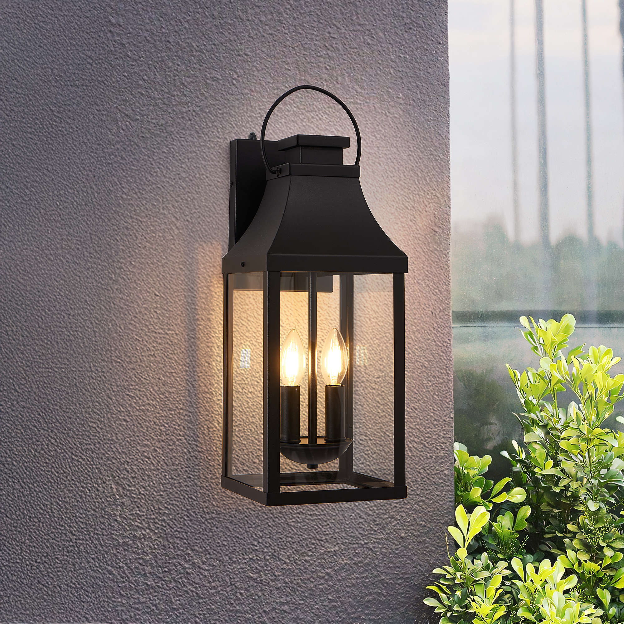20'' Dusk to Dawn Outdoor Wall Light, Large Black Outdoor Porch Light Waterproof Patio Lanterns, Exterior Wall Mount Lighting Fixtures, 2-Light Outside Garage Sconces for House Front, 1-Pack - Image 2