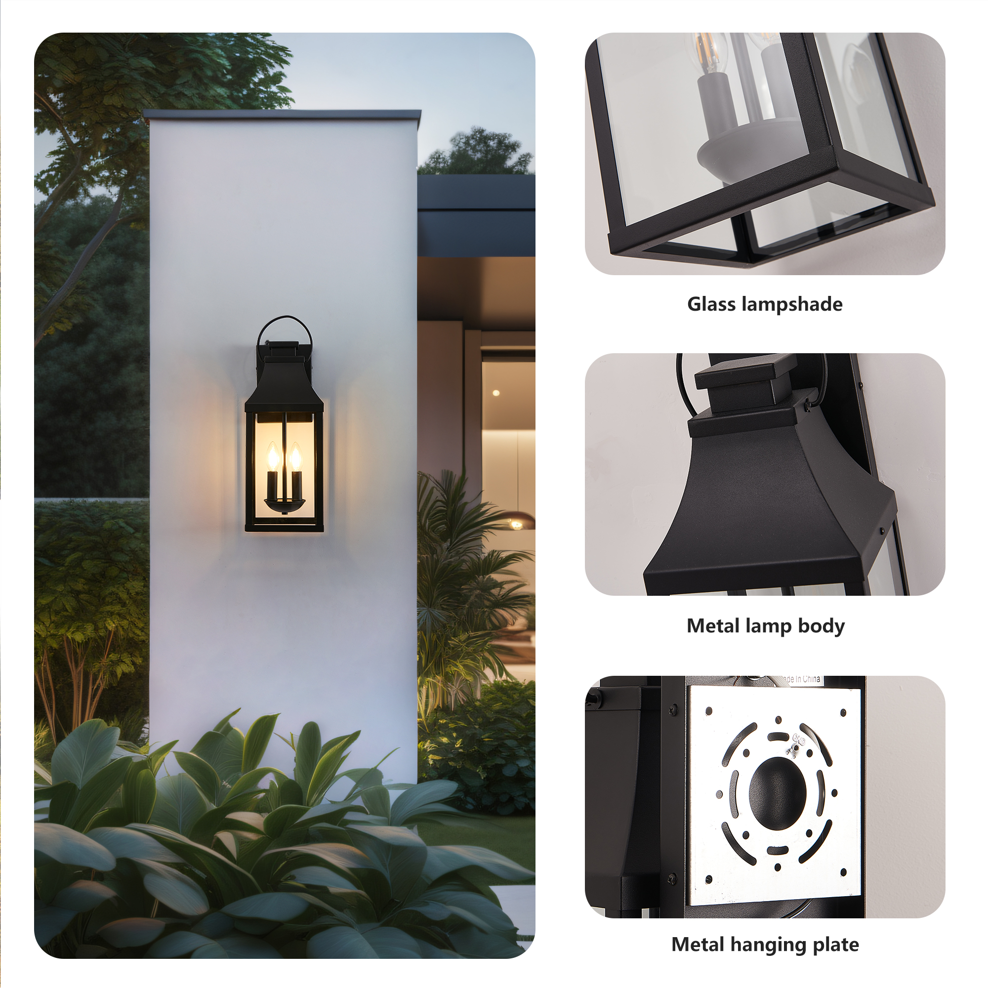 20'' Dusk to Dawn Outdoor Wall Light, Large Black Outdoor Porch Light Waterproof Patio Lanterns, Exterior Wall Mount Lighting Fixtures, 2-Light Outside Garage Sconces for House Front, 1-Pack - Image 5