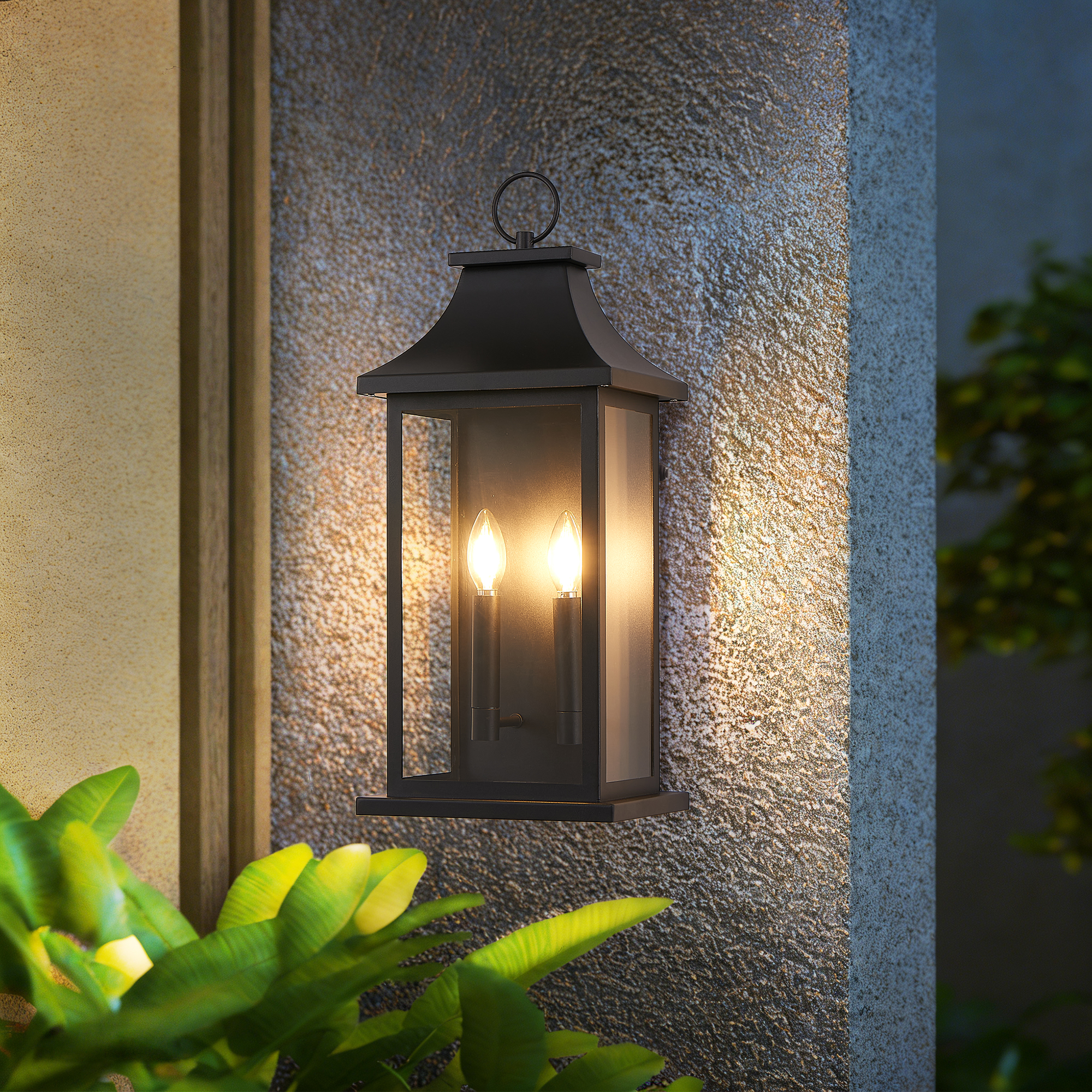 Dusk to Dawn Outdoor Wall Lantern 2-Light, 22.2" Large Outside Wall Sconce, Modern Black Wall Light Fixture with Glass, Waterproof Exterior Lamp for House, Porch, Garage - Image 2