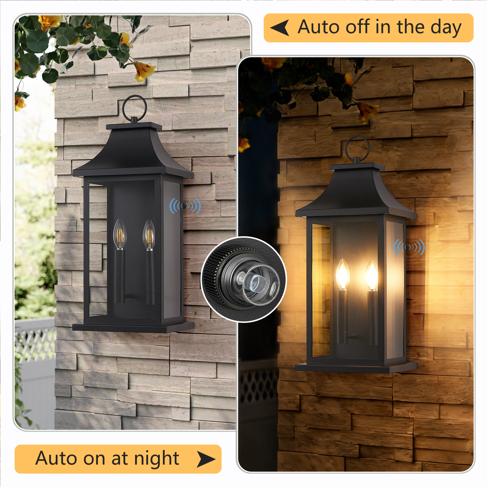 Dusk to Dawn Outdoor Wall Lantern 2-Light, 22.2" Large Outside Wall Sconce, Modern Black Wall Light Fixture with Glass, Waterproof Exterior Lamp for House, Porch, Garage - Image 3