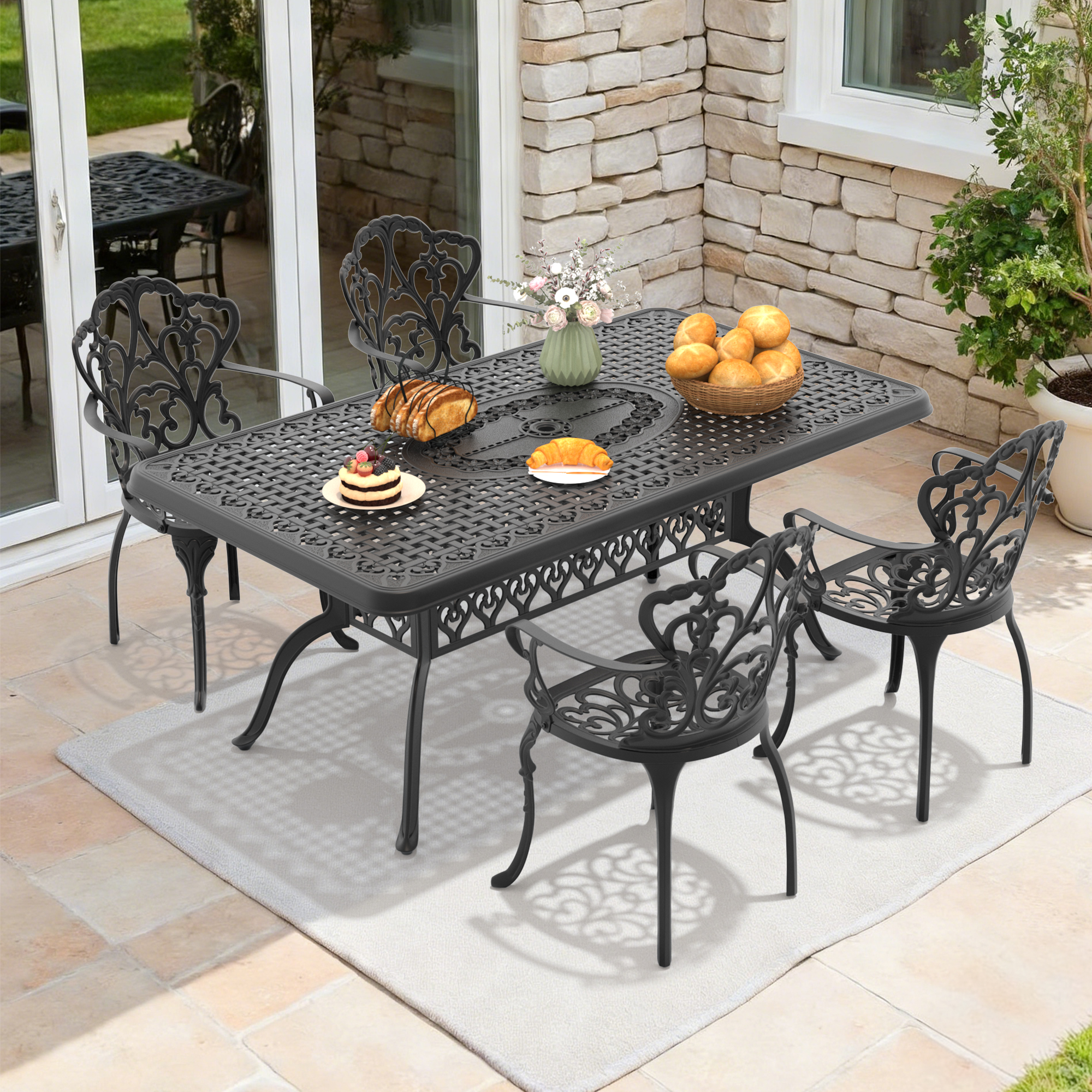 5-Piece Set Of Cast Aluminum Patio Furniture With Black Frame and Off-white Seat Cushions(same as: W1710S00101) - Image 2