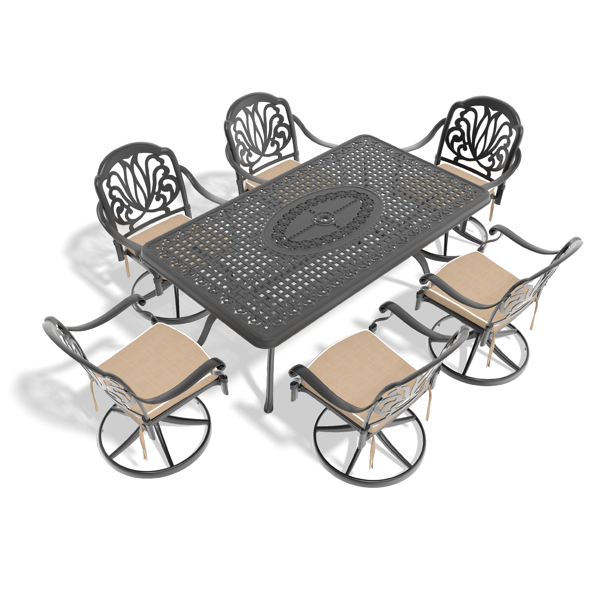 7-Piece All-Weather Cast Aluminum Dining Set, Include 6 Swivel Chairs and Rectangular Table With Black Frame (same sku:W1710S00284) - Image 2