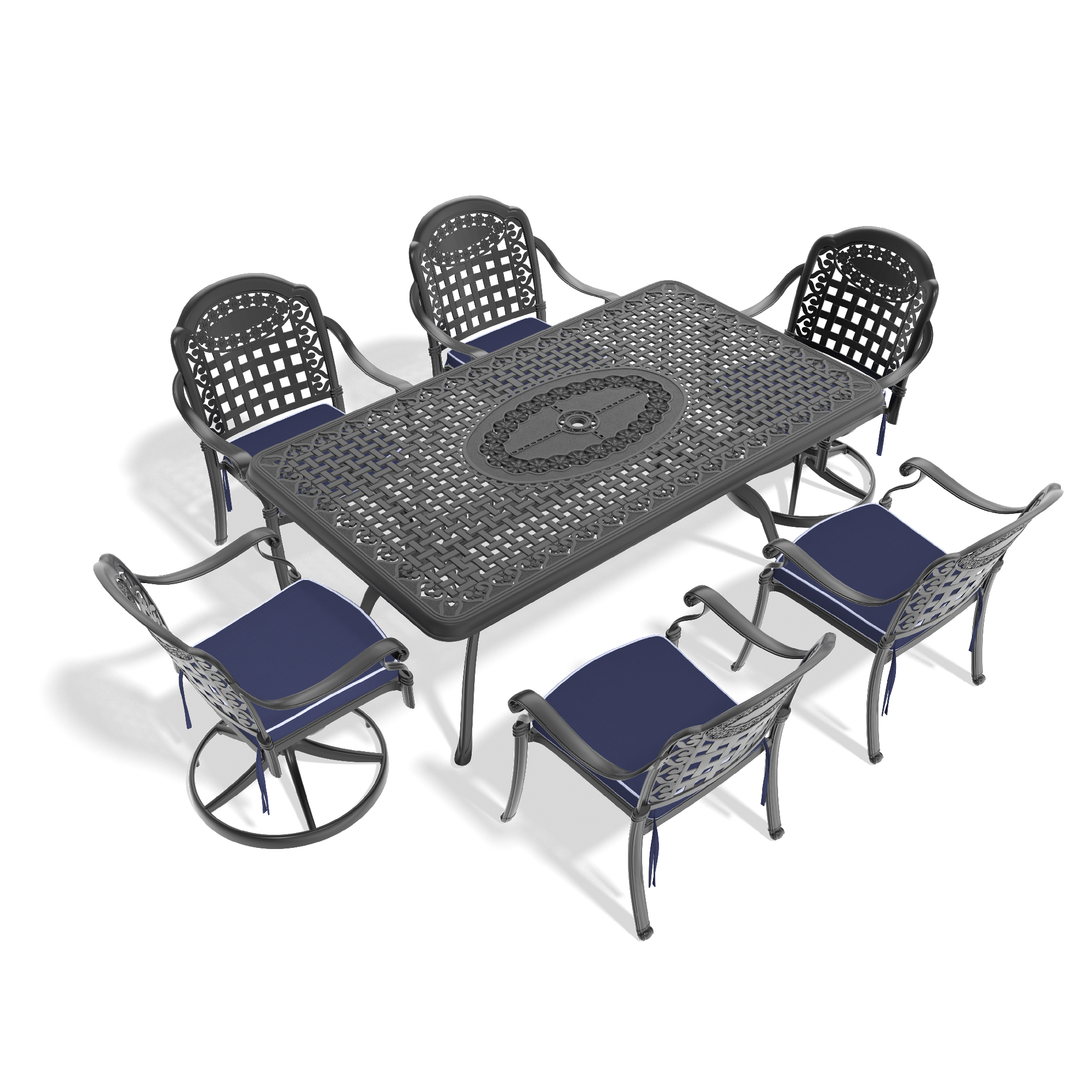 7-Piece All-Weather Cast Aluminum Dining Set, Include 2 Swivel Chairs,4 Dining Chairs and Rectangular Table With Black Frame - Image 2