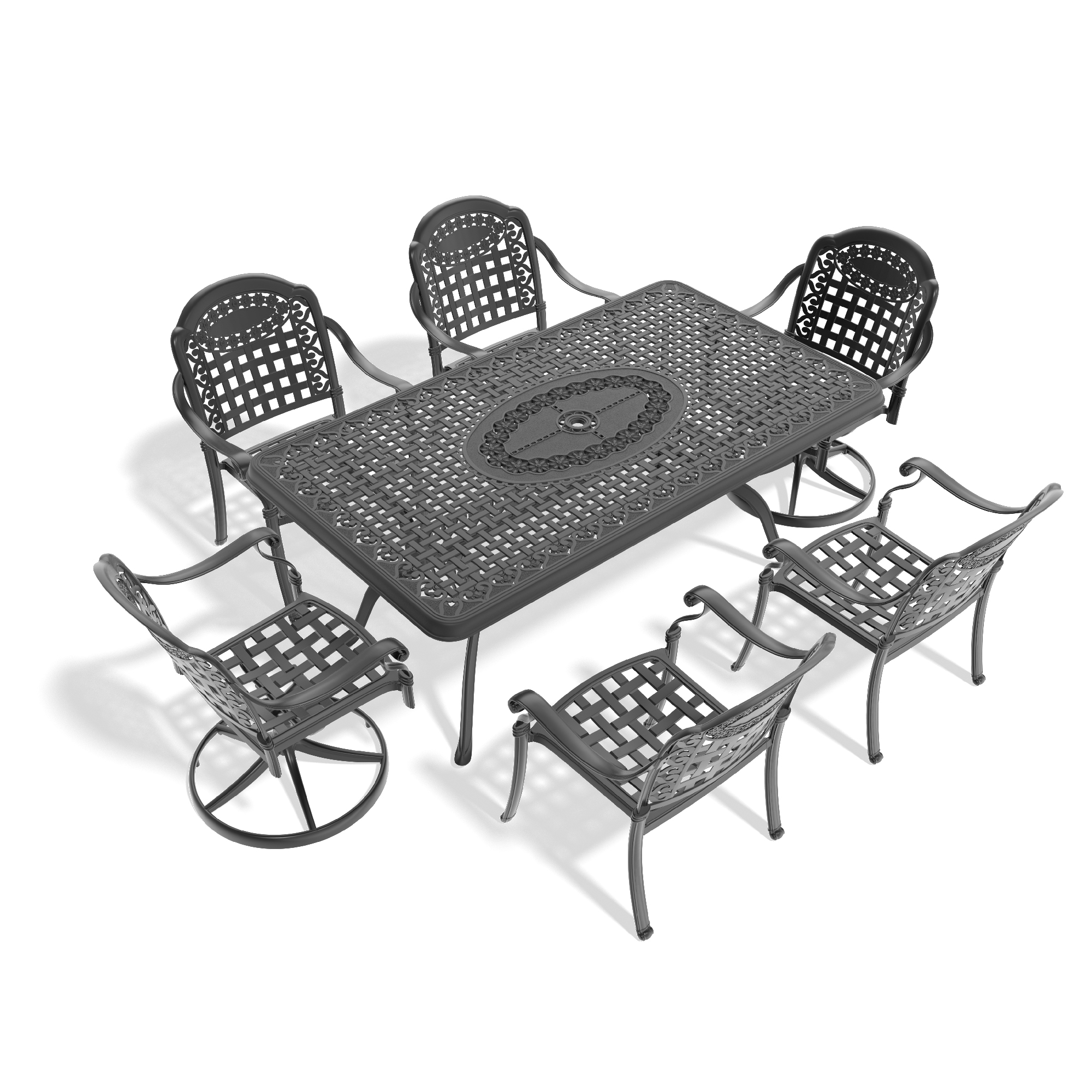 7-Piece All-Weather Cast Aluminum Dining Set, Include 2 Swivel Chairs,4 Dining Chairs and Rectangular Table With Black Frame - Image 3