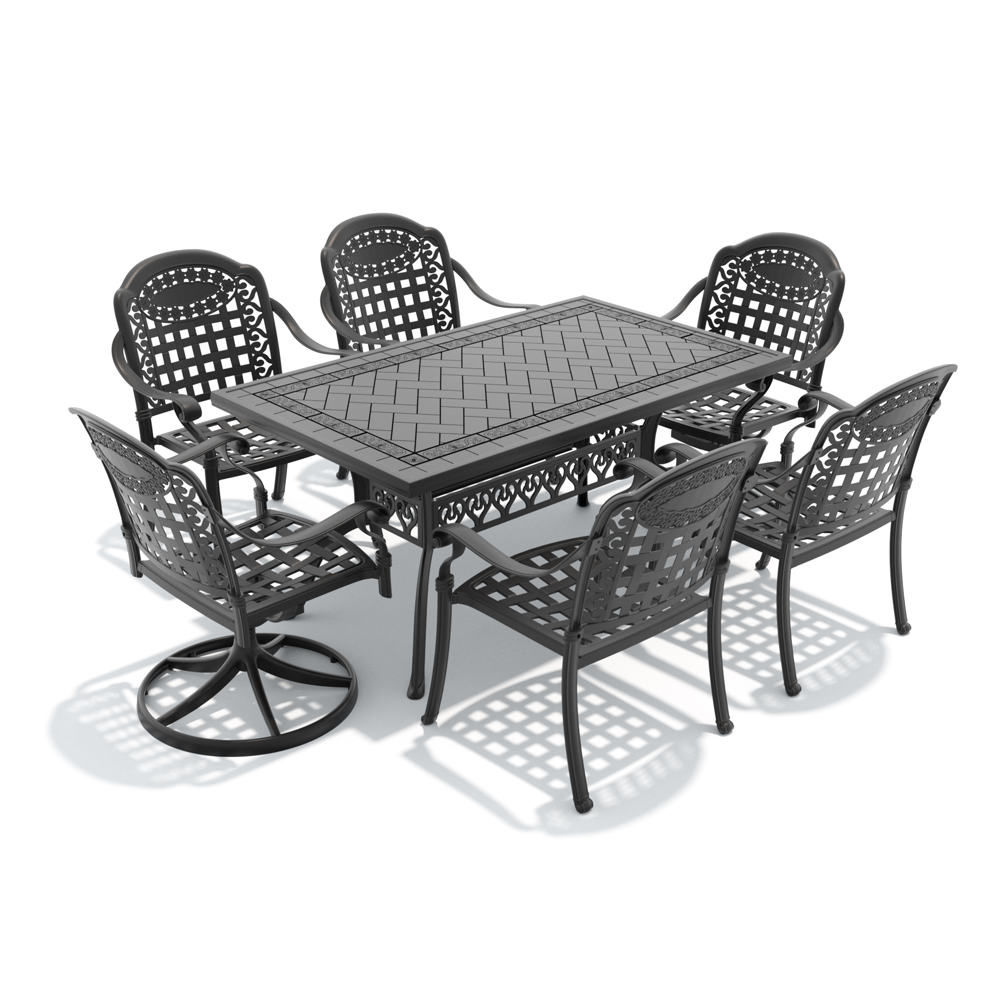 7-Piece All-Weather Cast Aluminum Dining Set, Include 2 Swivel Chairs,4 Dining Chairs and Rectangular Table With Black Frame - Image 2