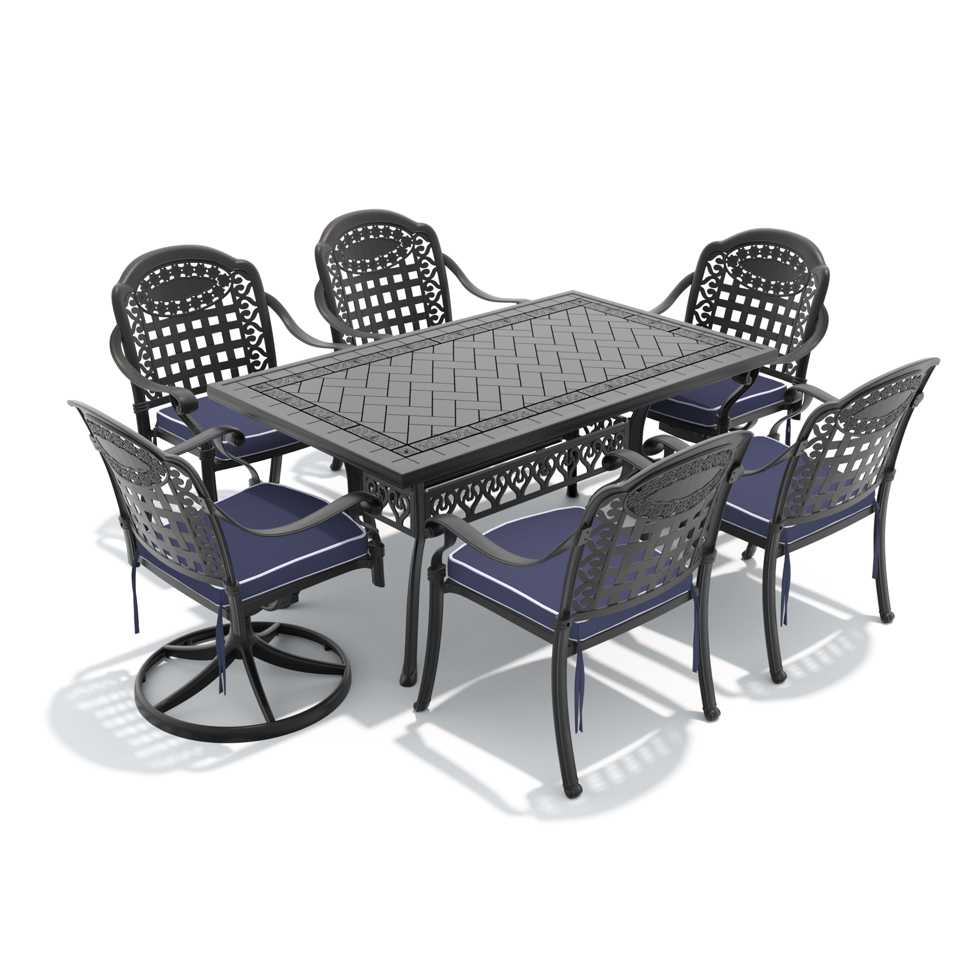 7-Piece All-Weather Cast Aluminum Dining Set, Include 2 Swivel Chairs,4 Dining Chairs and Rectangular Table With Black Frame - Image 3