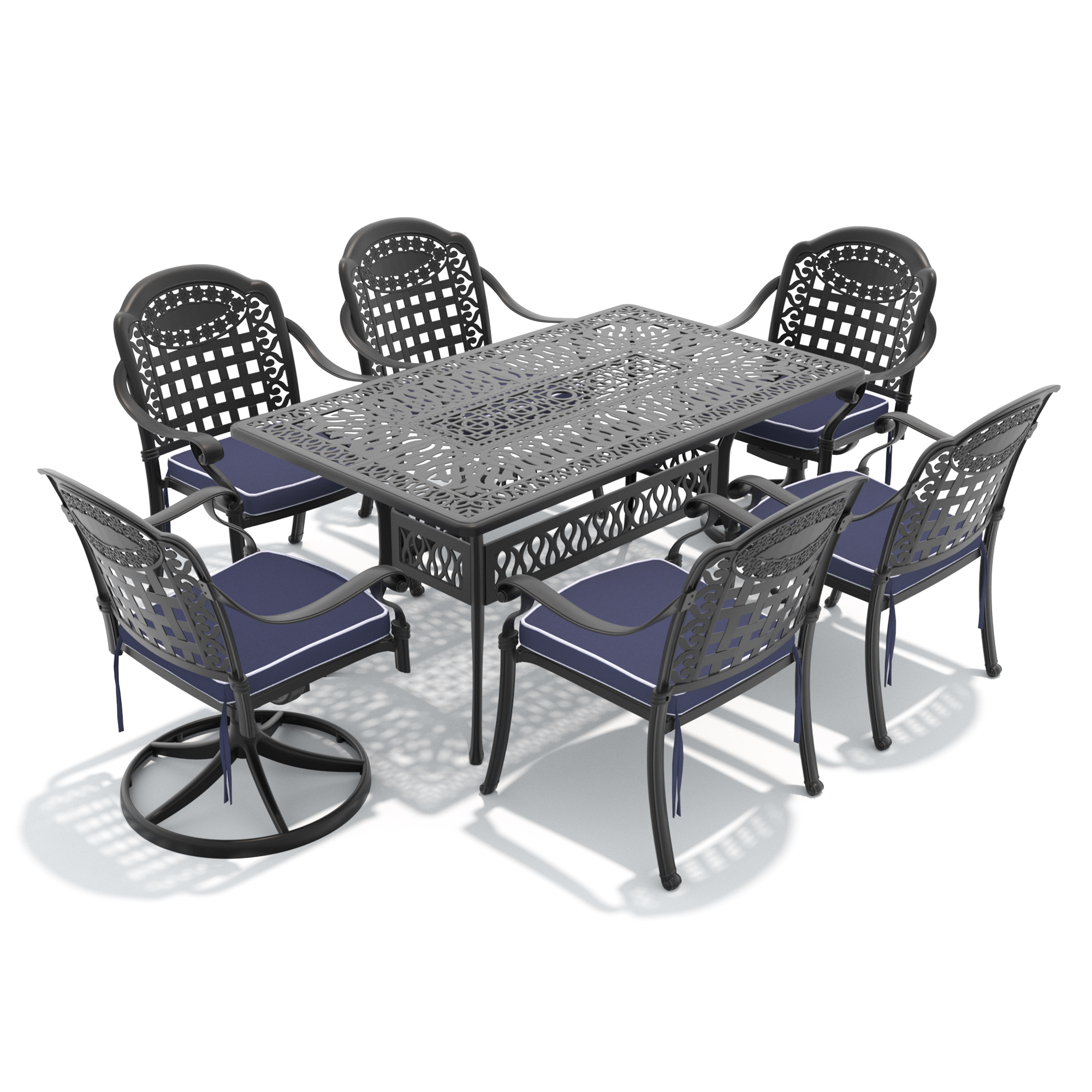 7-Piece All-Weather Cast Aluminum Dining Set, Include 2 Swivel Chairs,4 Dining Chairs and Rectangular Table With Black Frame - Image 2