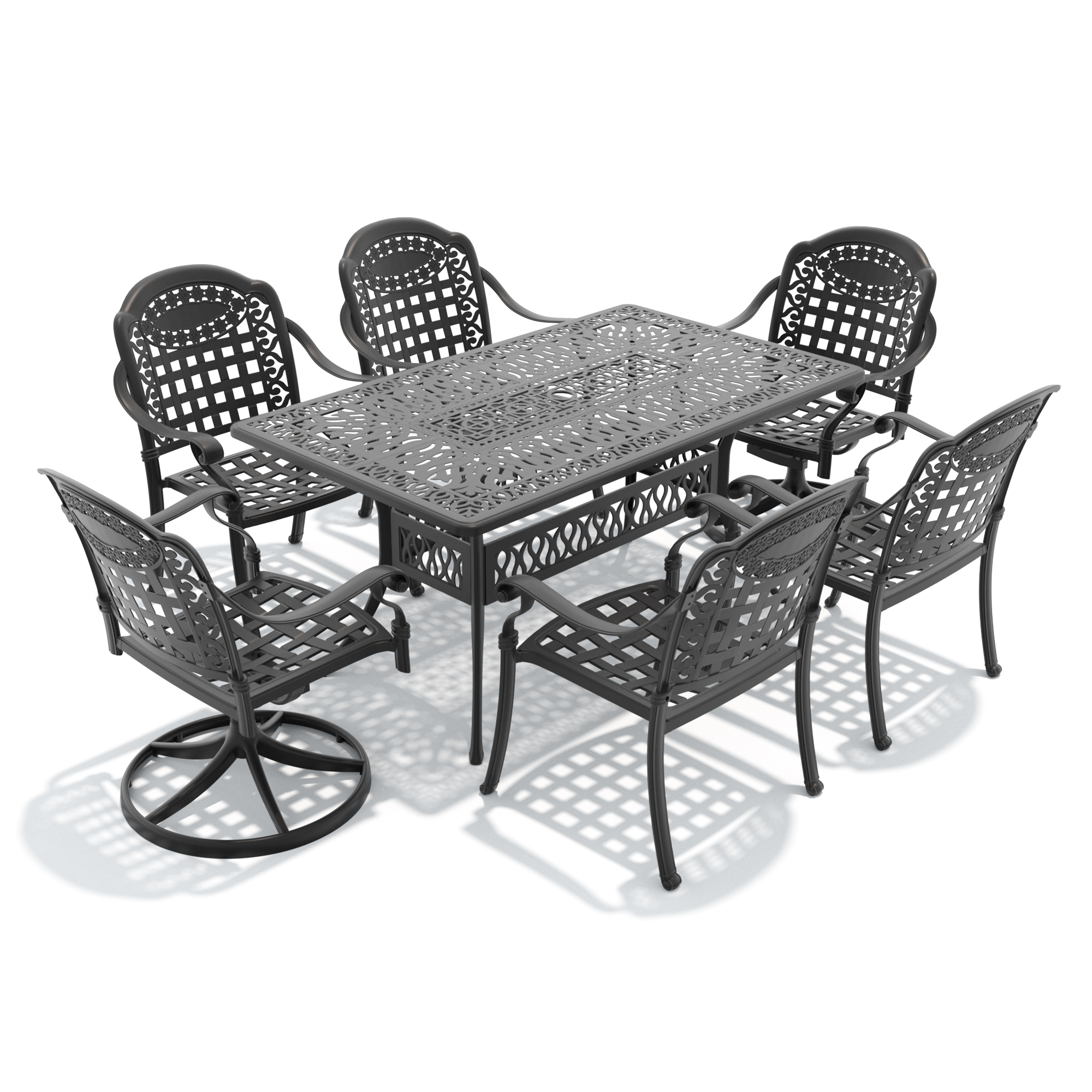 7-Piece All-Weather Cast Aluminum Dining Set, Include 2 Swivel Chairs,4 Dining Chairs and Rectangular Table With Black Frame - Image 3