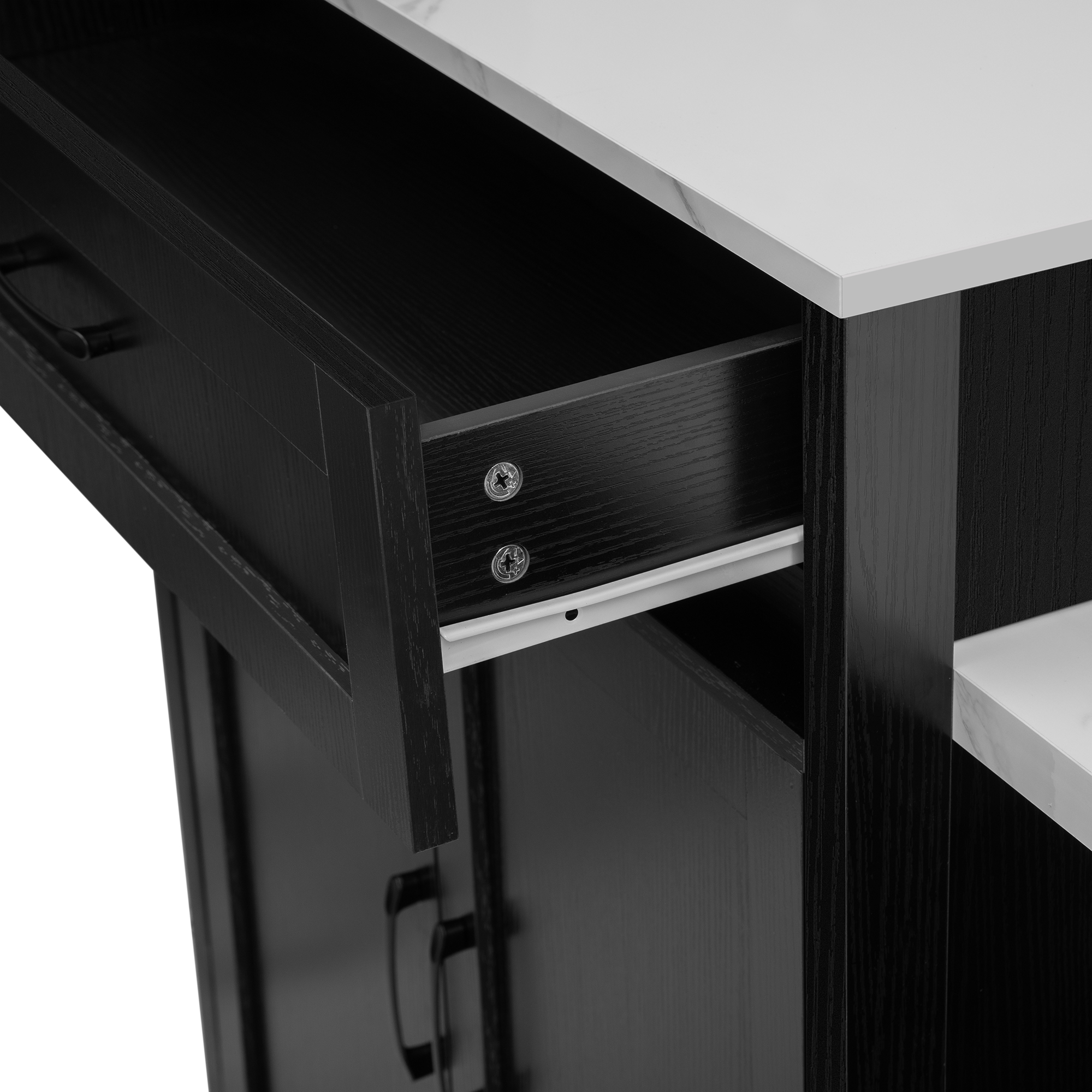 K&K 82.7 inch Kitchen Island with Extendable Dining Table for 4-6 Person,Faux Mable Kitchen Table with Double-sized Storage,Power Outlet,Kitchen island with Storage 2 Drawers 2 Side Open Shelves,Black - Image 4