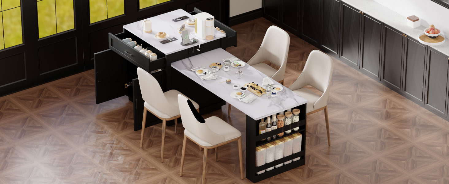 K&K 82.7 inch Kitchen Island with Extendable Dining Table for 4-6 Person,Faux Mable Kitchen Table with Double-sized Storage,Power Outlet,Kitchen island with Storage 2 Drawers 2 Side Open Shelves,Black - Image 6