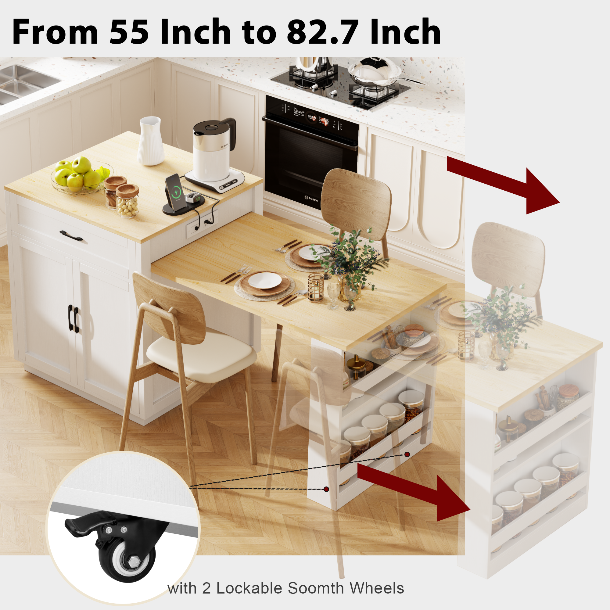 K&K 82.7 inch Kitchen Island with Extendable Dining Table for 4-6 Person,Two-tone Kitchen Table with Double-sized Storage, Power Outlet, Kitchen island with Storage 2 Drawers 2 Side Open Shelves,White - Image 2