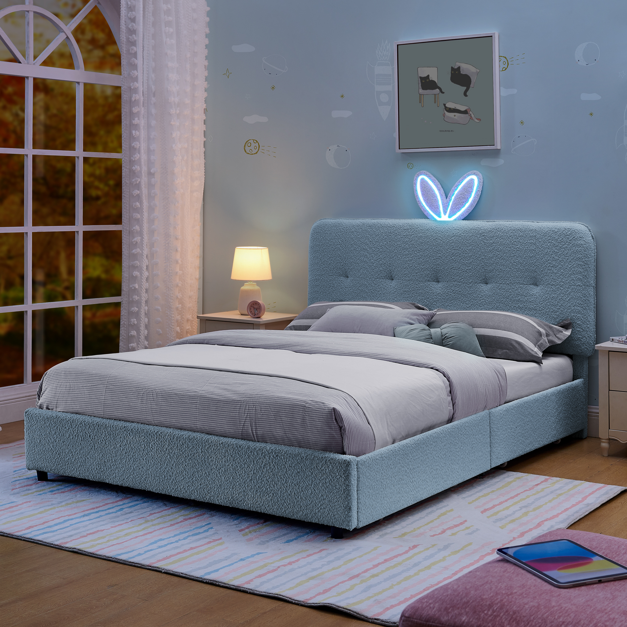 Full Size Kids Upholstered Bed with Oversized Rabbit Ear Headboard, LED Light & 4 Storage Drawers, Boucle Fabric (79.5''X55.75''X41'') - Image 3