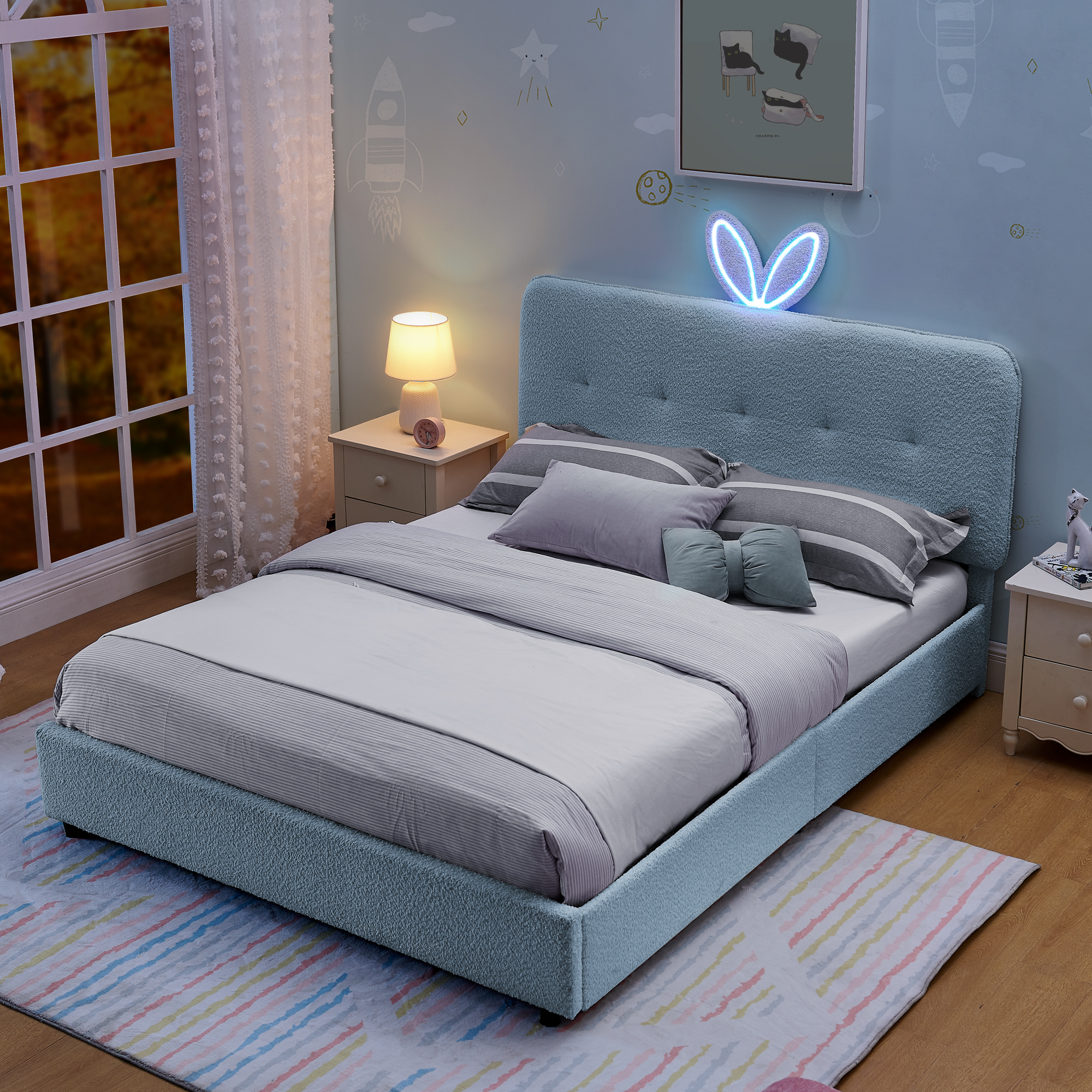 Full Size Kids Upholstered Bed with Oversized Rabbit Ear Headboard, LED Light & 4 Storage Drawers, Boucle Fabric (79.5''X55.75''X41'') - Image 2