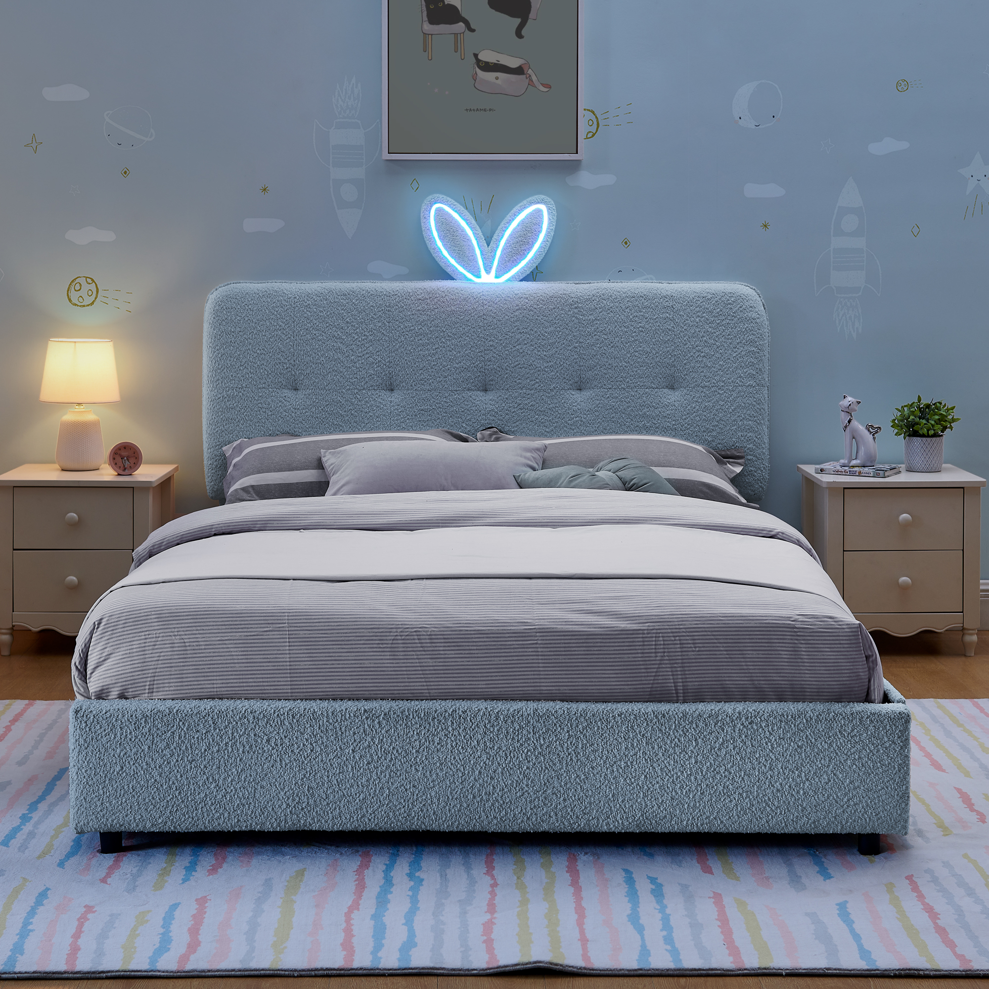 Full Size Kids Upholstered Bed with Oversized Rabbit Ear Headboard, LED Light & 4 Storage Drawers, Boucle Fabric (79.5''X55.75''X41'') - Image 4