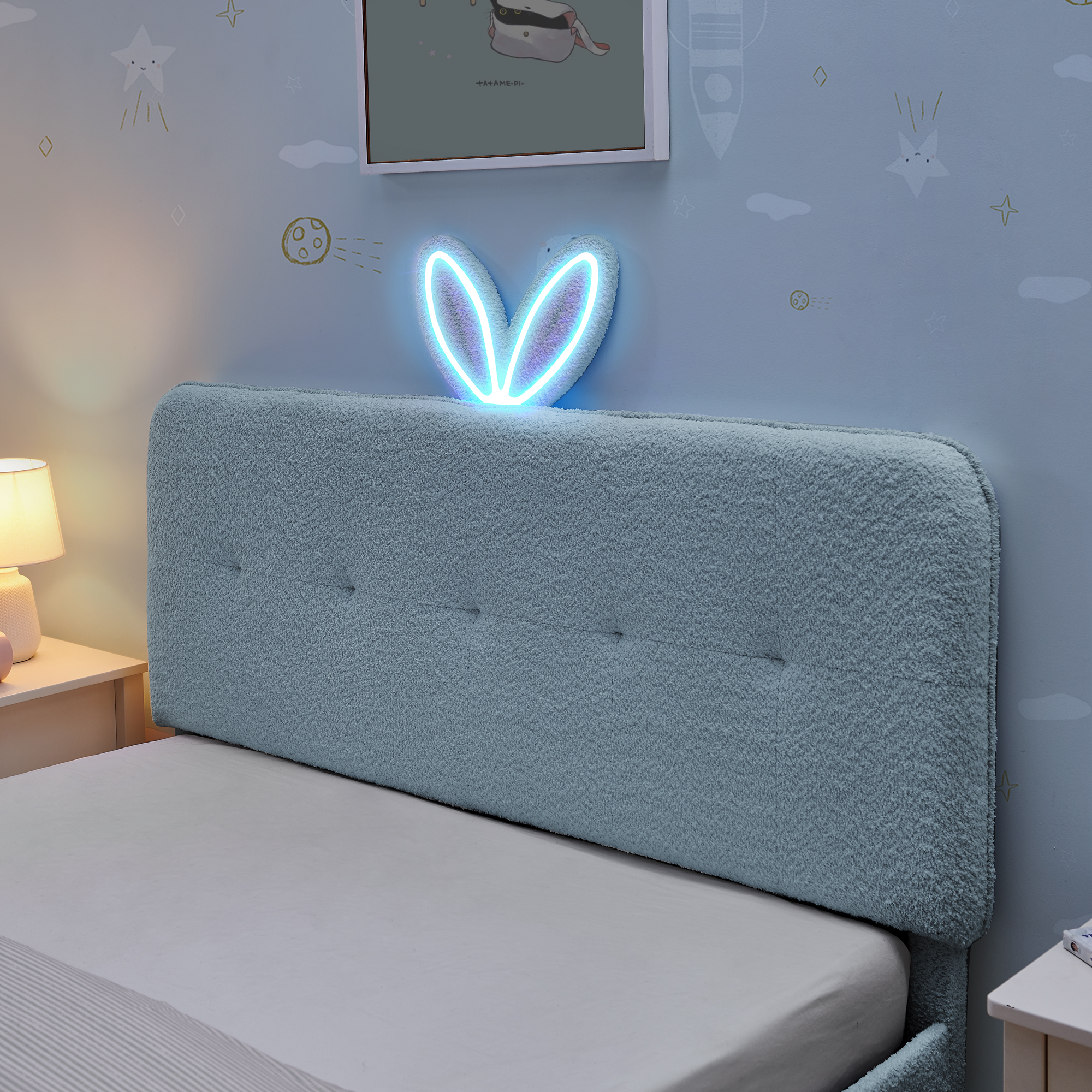 Full Size Kids Upholstered Bed with Oversized Rabbit Ear Headboard, LED Light & 4 Storage Drawers, Boucle Fabric (79.5''X55.75''X41'') - Image 5