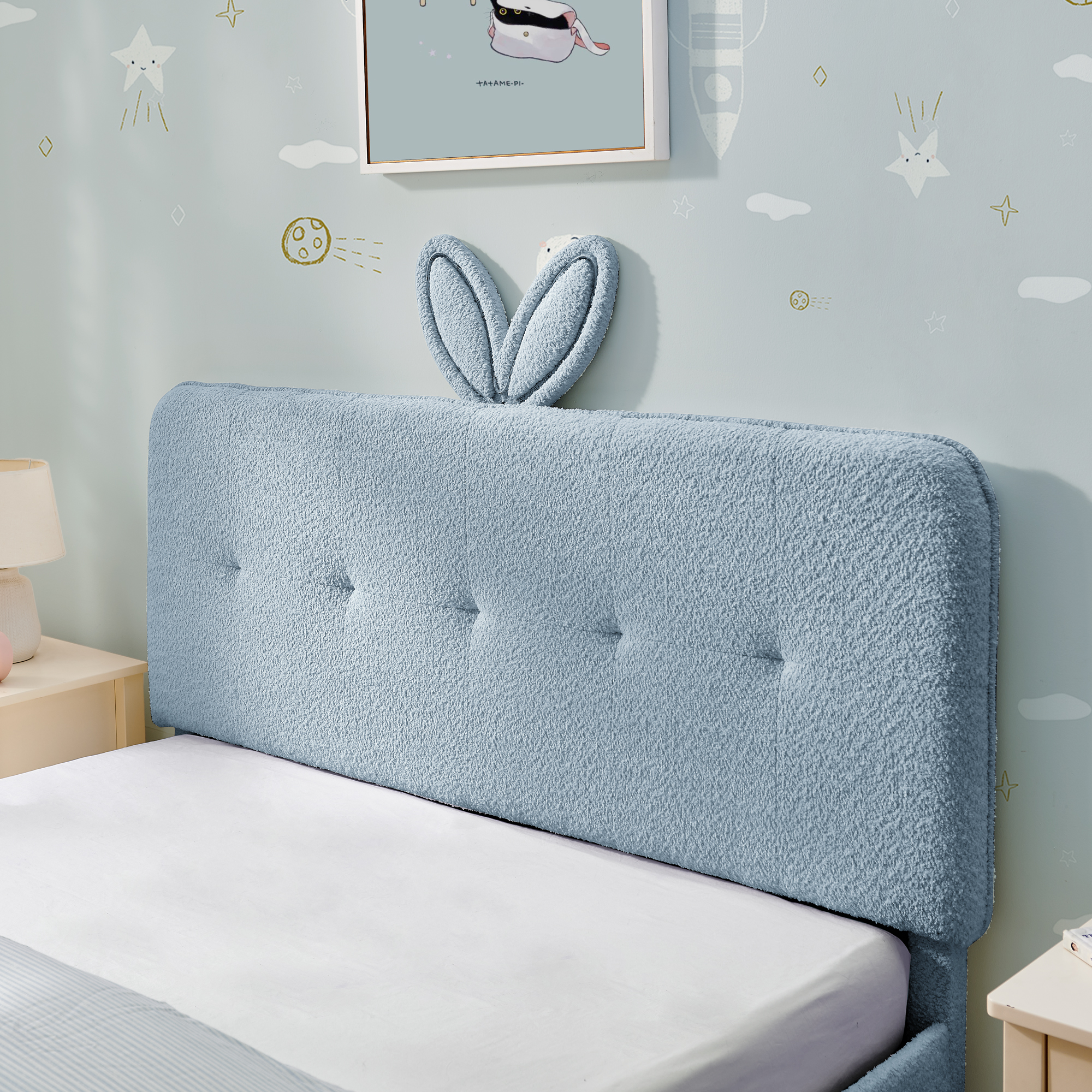 Full Size Kids Upholstered Bed with Oversized Rabbit Ear Headboard, LED Light & 4 Storage Drawers, Boucle Fabric (79.5''X55.75''X41'') - Image 6