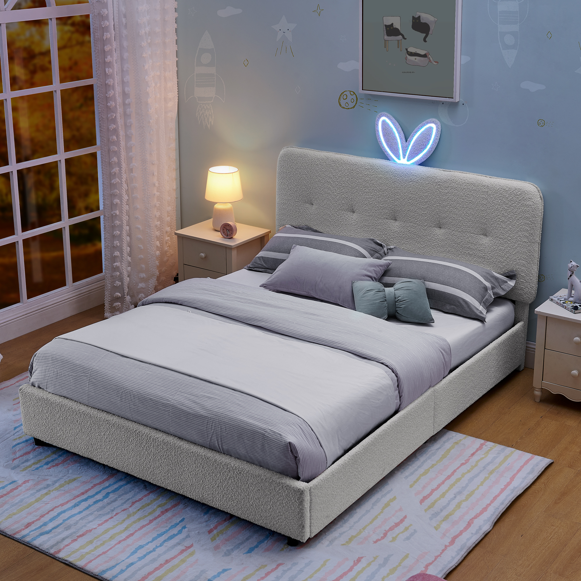 Full Size Kids Upholstered Bed with Oversized Rabbit Ear Headboard, LED Light & 4 Storage Drawers, Boucle Fabric (79.5''X55.75''X41'') - Image 2