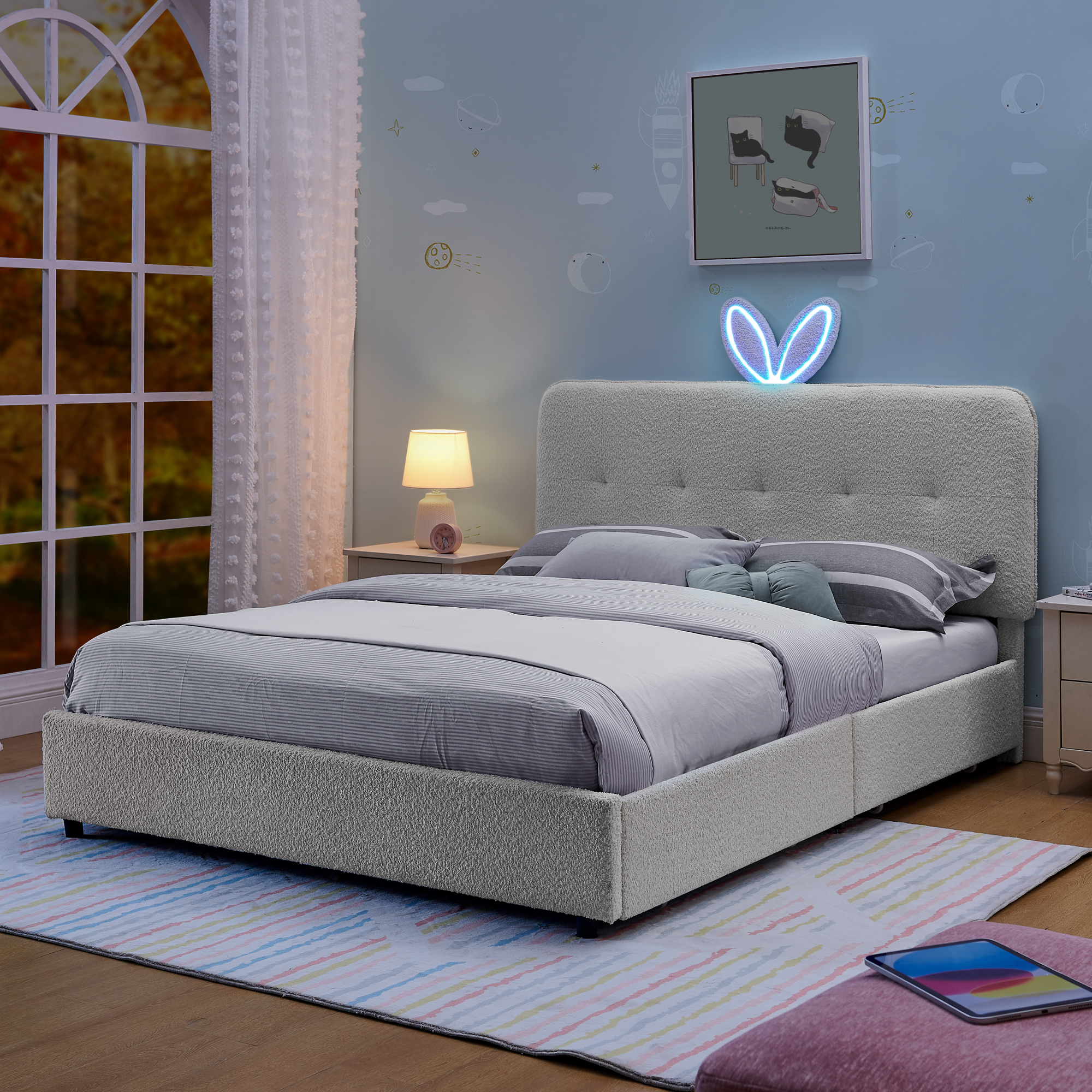 Full Size Kids Upholstered Bed with Oversized Rabbit Ear Headboard, LED Light & 4 Storage Drawers, Boucle Fabric (79.5''X55.75''X41'') - Image 3