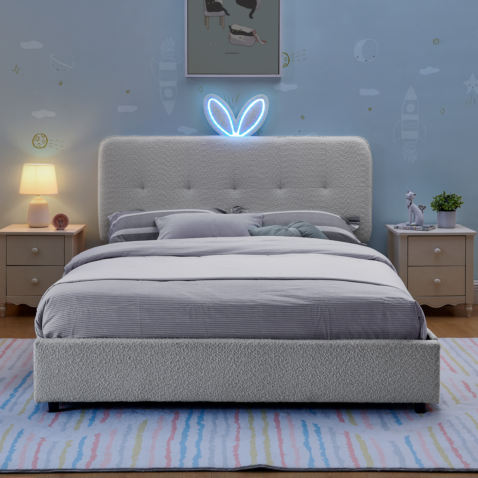 Full Size Kids Upholstered Bed with Oversized Rabbit Ear Headboard, LED Light & 4 Storage Drawers, Boucle Fabric (79.5''X55.75''X41'') - Image 4