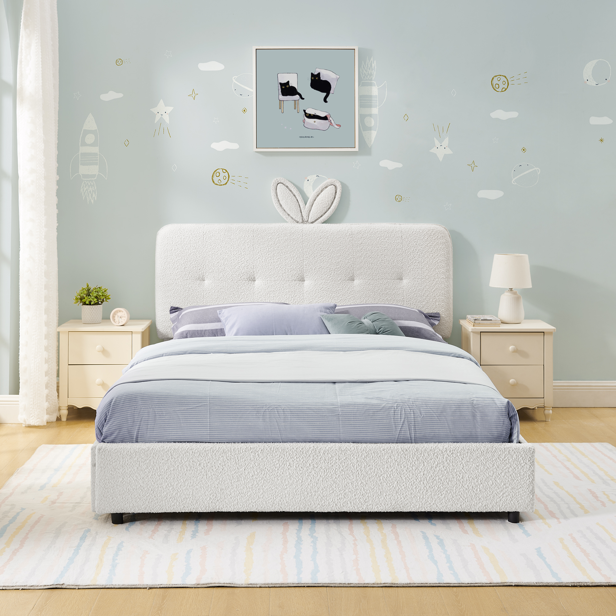 Full Size Kids Upholstered Bed with Oversized Rabbit Ear Headboard, LED Light & 4 Storage Drawers, Boucle Fabric (79.5''X55.75''X41'') - Image 5