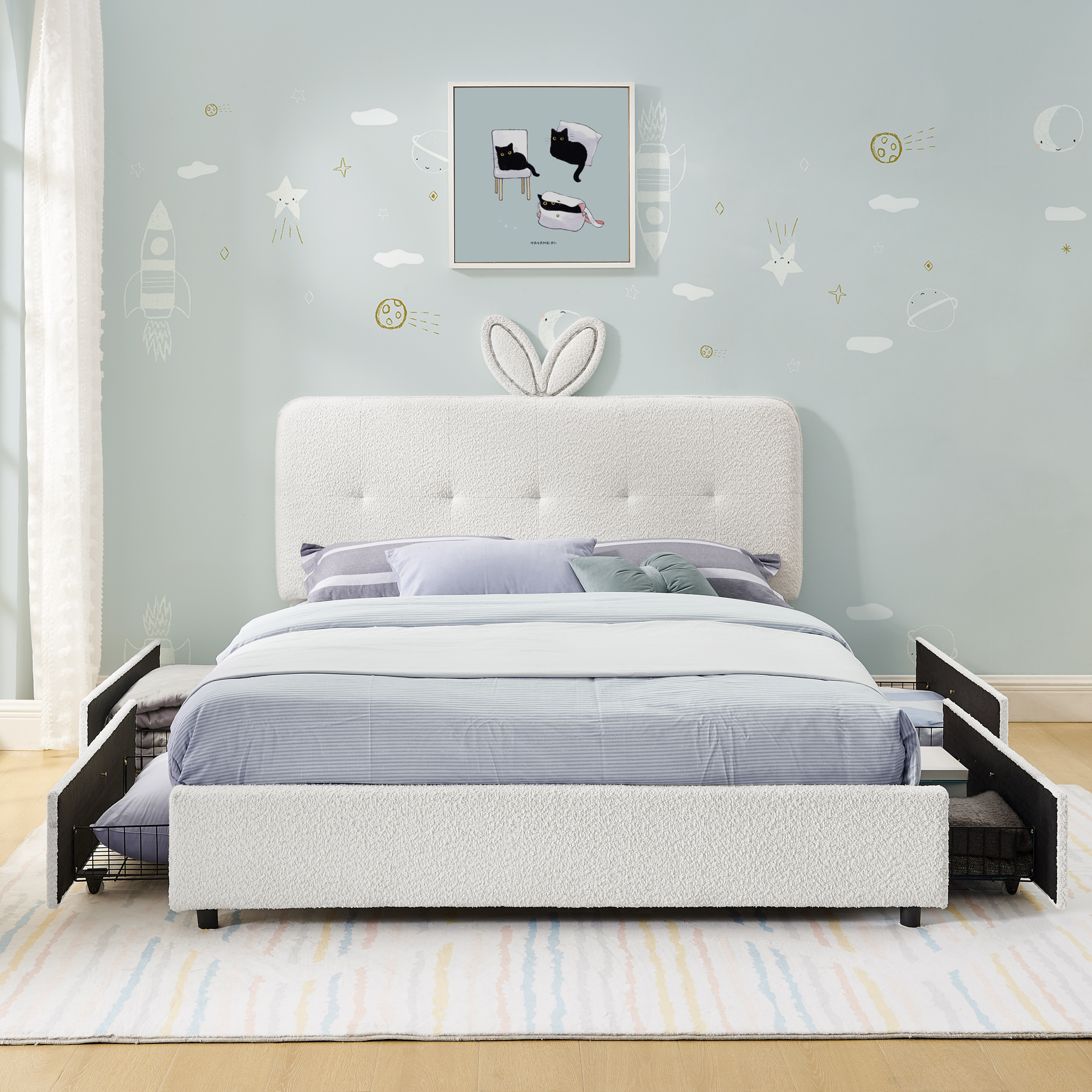 Full Size Kids Upholstered Bed with Oversized Rabbit Ear Headboard, LED Light & 4 Storage Drawers, Boucle Fabric (79.5''X55.75''X41'') - Image 6