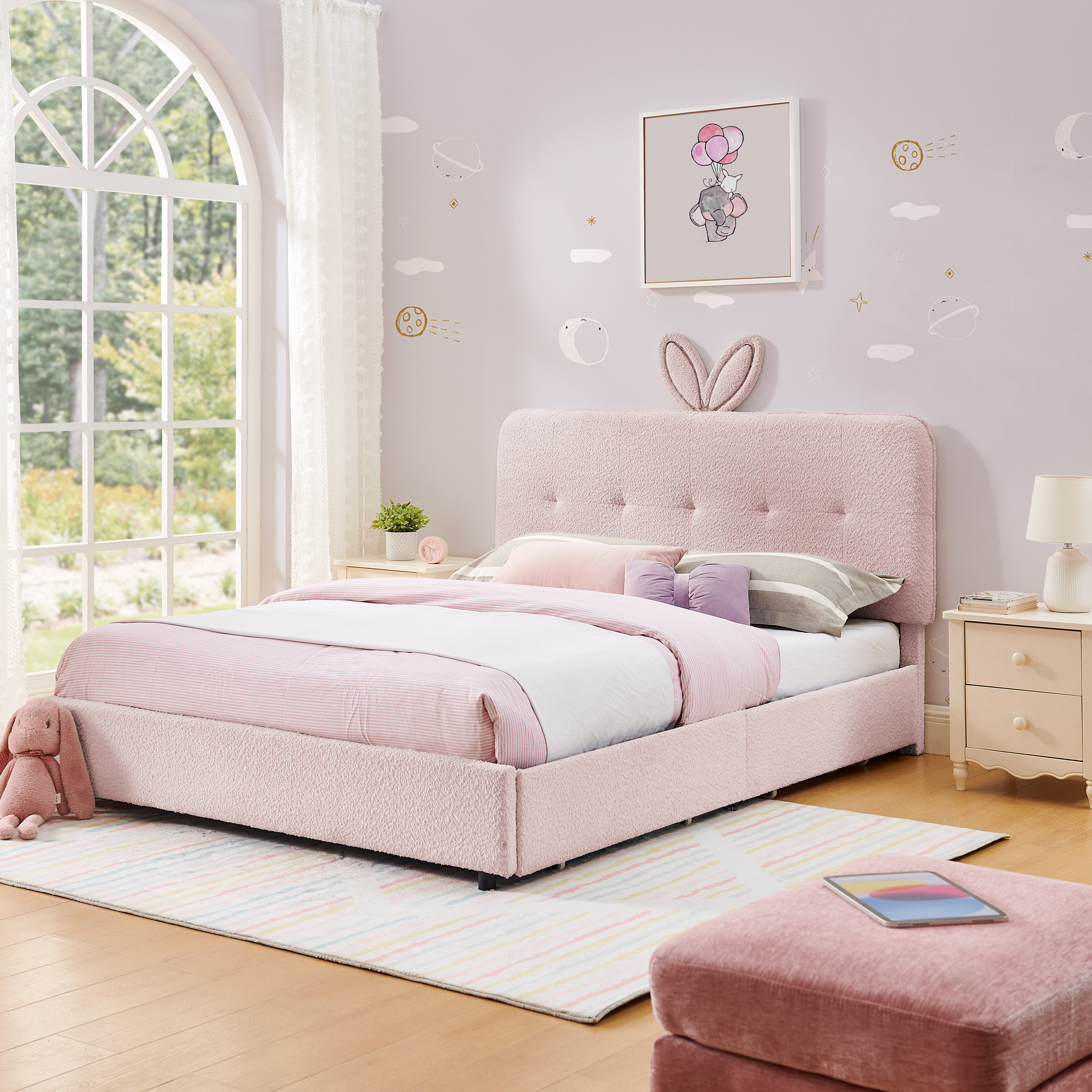 Full Size Kids Upholstered Bed with Oversized Rabbit Ear Headboard, LED Light & 4 Storage Drawers, Boucle Fabric (79.5”X55.75”X41”)