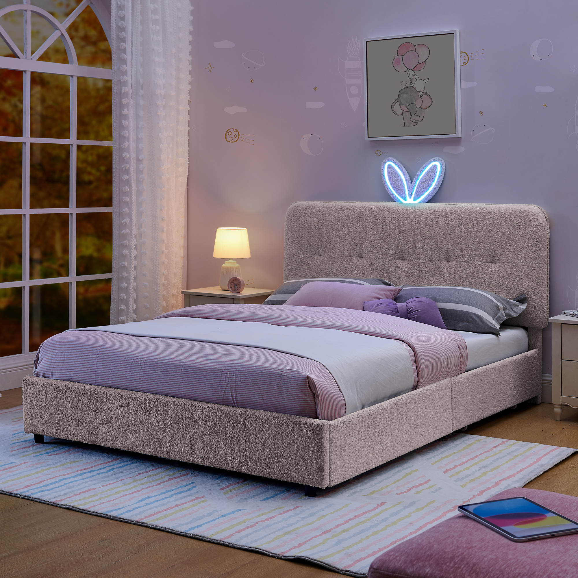 Full Size Kids Upholstered Bed with Oversized Rabbit Ear Headboard, LED Light & 4 Storage Drawers, Boucle Fabric (79.5''X55.75''X41'') - Image 2