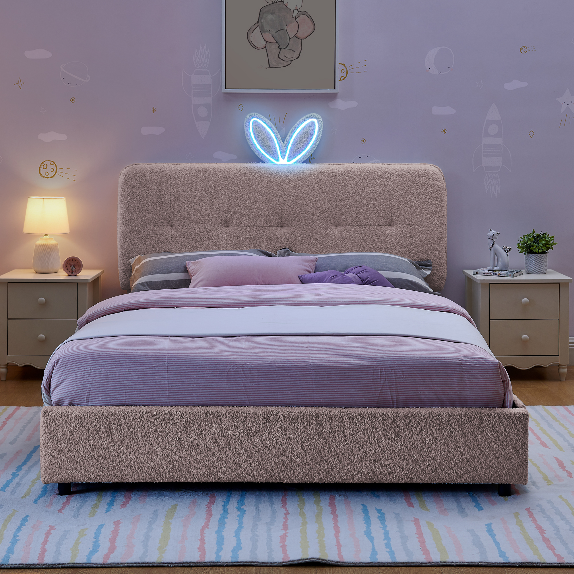 Full Size Kids Upholstered Bed with Oversized Rabbit Ear Headboard, LED Light & 4 Storage Drawers, Boucle Fabric (79.5''X55.75''X41'') - Image 3