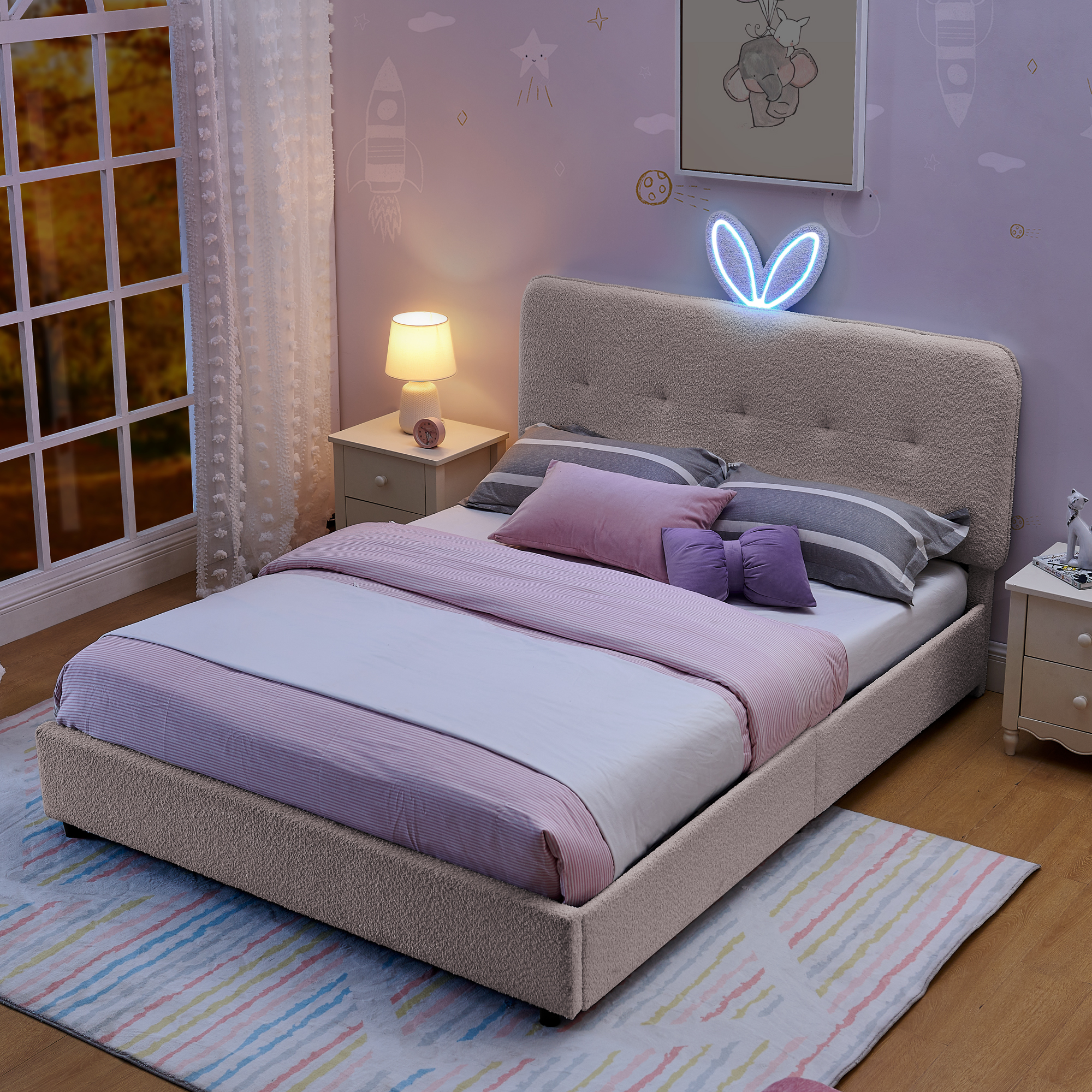 Full Size Kids Upholstered Bed with Oversized Rabbit Ear Headboard, LED Light & 4 Storage Drawers, Boucle Fabric (79.5''X55.75''X41'') - Image 4