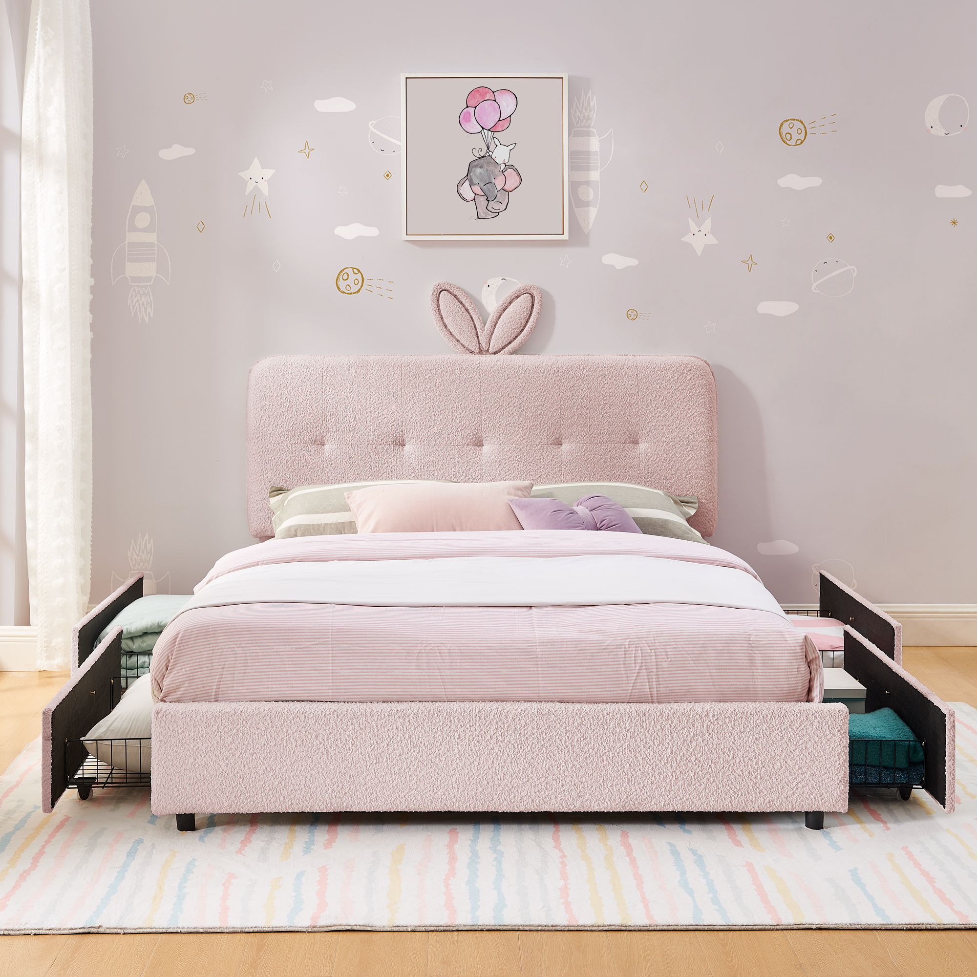 Full Size Kids Upholstered Bed with Oversized Rabbit Ear Headboard, LED Light & 4 Storage Drawers, Boucle Fabric (79.5''X55.75''X41'') - Image 5