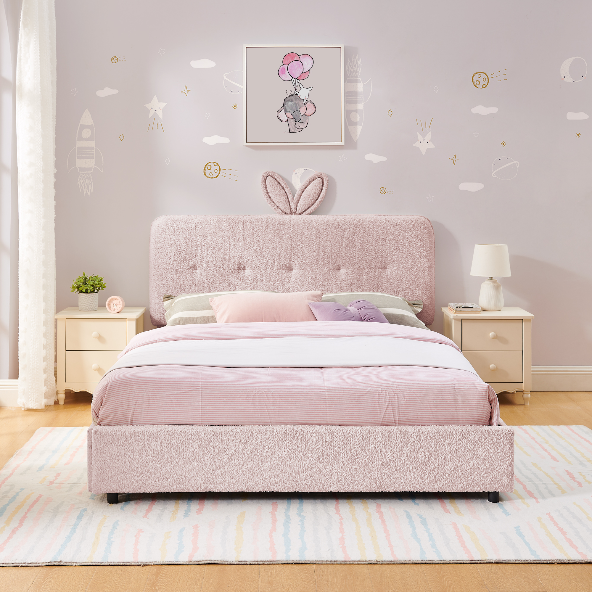 Full Size Kids Upholstered Bed with Oversized Rabbit Ear Headboard, LED Light & 4 Storage Drawers, Boucle Fabric (79.5''X55.75''X41'') - Image 6