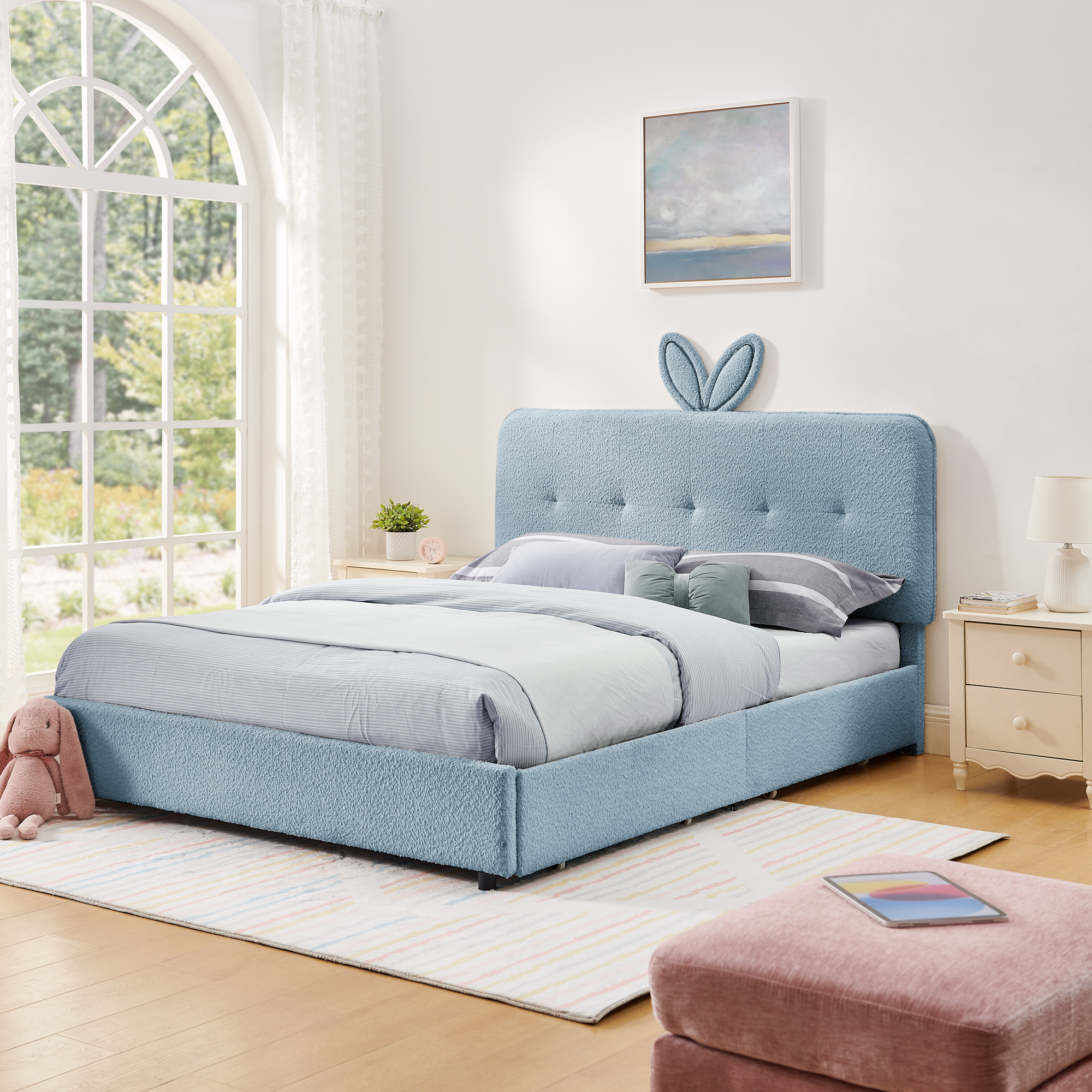Queen Size Kids Upholstered Bed with Oversized Rabbit Ear Headboard, LED Light & 4 Storage Drawers, Boucle Fabric (84.5''X62.75''X41'') - Image 1