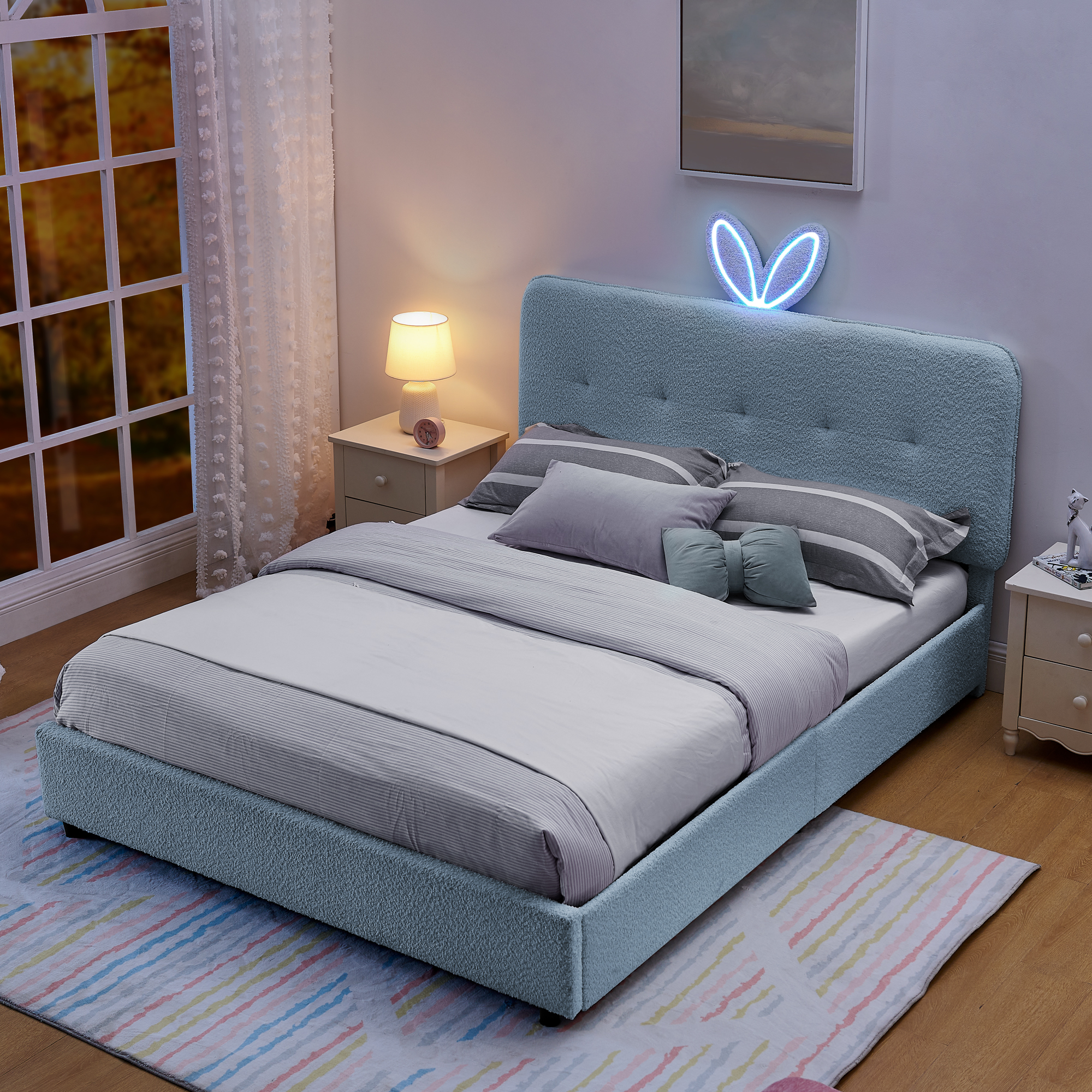 Queen Size Kids Upholstered Bed with Oversized Rabbit Ear Headboard, LED Light & 4 Storage Drawers, Boucle Fabric (84.5''X62.75''X41'') - Image 2