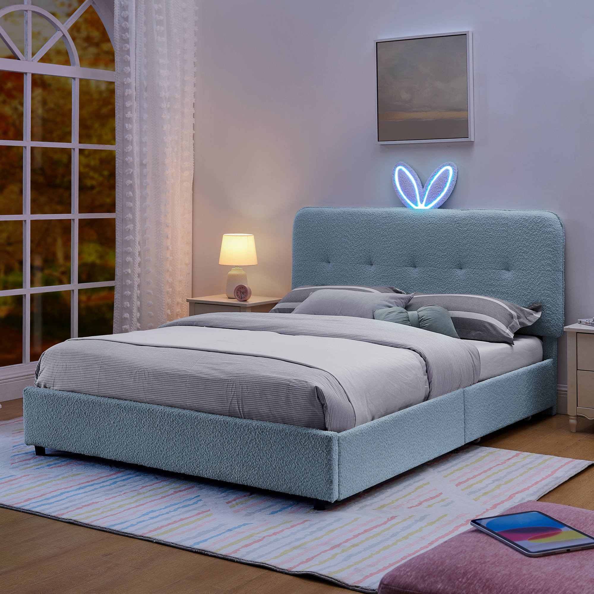 Queen Size Kids Upholstered Bed with Oversized Rabbit Ear Headboard, LED Light & 4 Storage Drawers, Boucle Fabric (84.5''X62.75''X41'') - Image 3