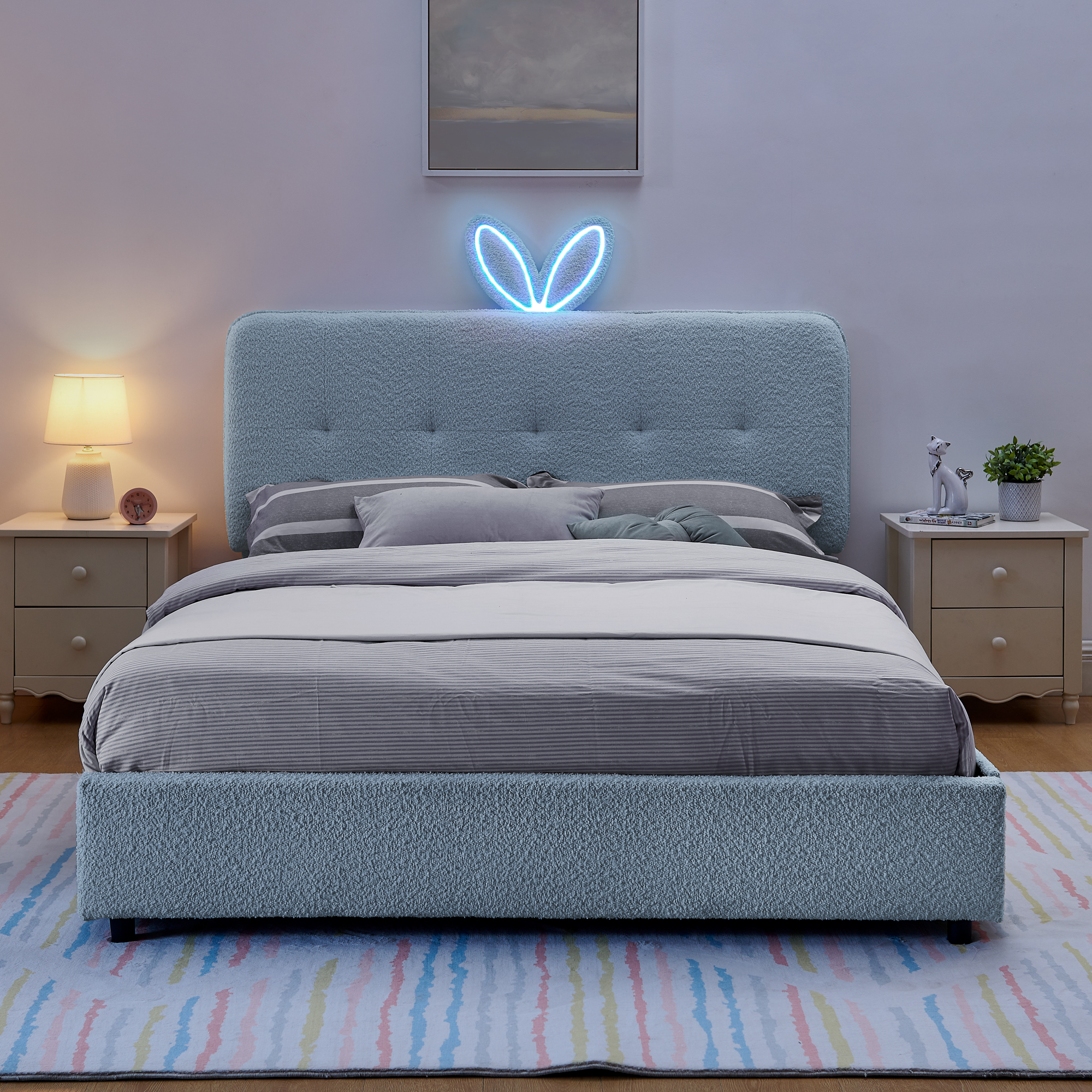 Queen Size Kids Upholstered Bed with Oversized Rabbit Ear Headboard, LED Light & 4 Storage Drawers, Boucle Fabric (84.5''X62.75''X41'') - Image 4