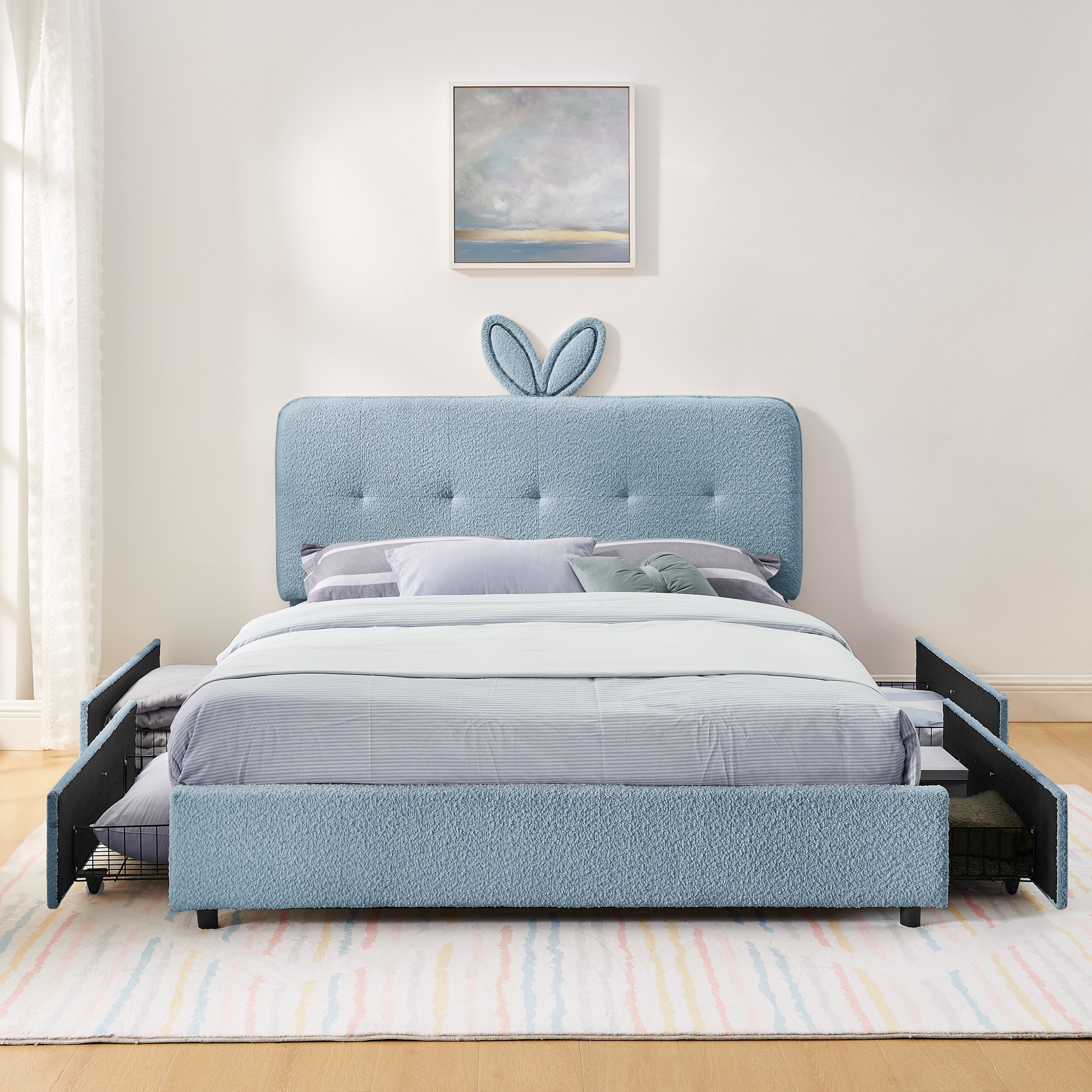 Queen Size Kids Upholstered Bed with Oversized Rabbit Ear Headboard, LED Light & 4 Storage Drawers, Boucle Fabric (84.5''X62.75''X41'') - Image 5