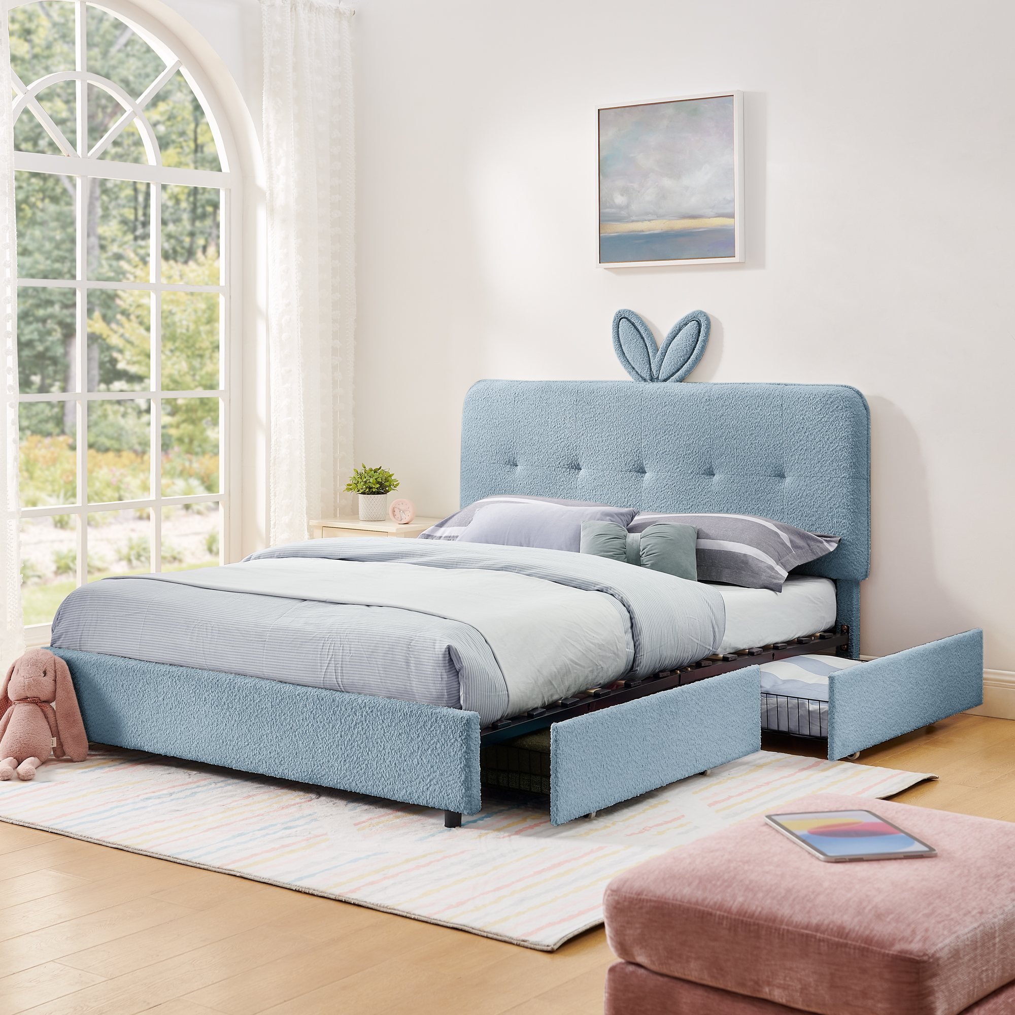 Queen Size Kids Upholstered Bed with Oversized Rabbit Ear Headboard, LED Light & 4 Storage Drawers, Boucle Fabric (84.5''X62.75''X41'') - Image 6