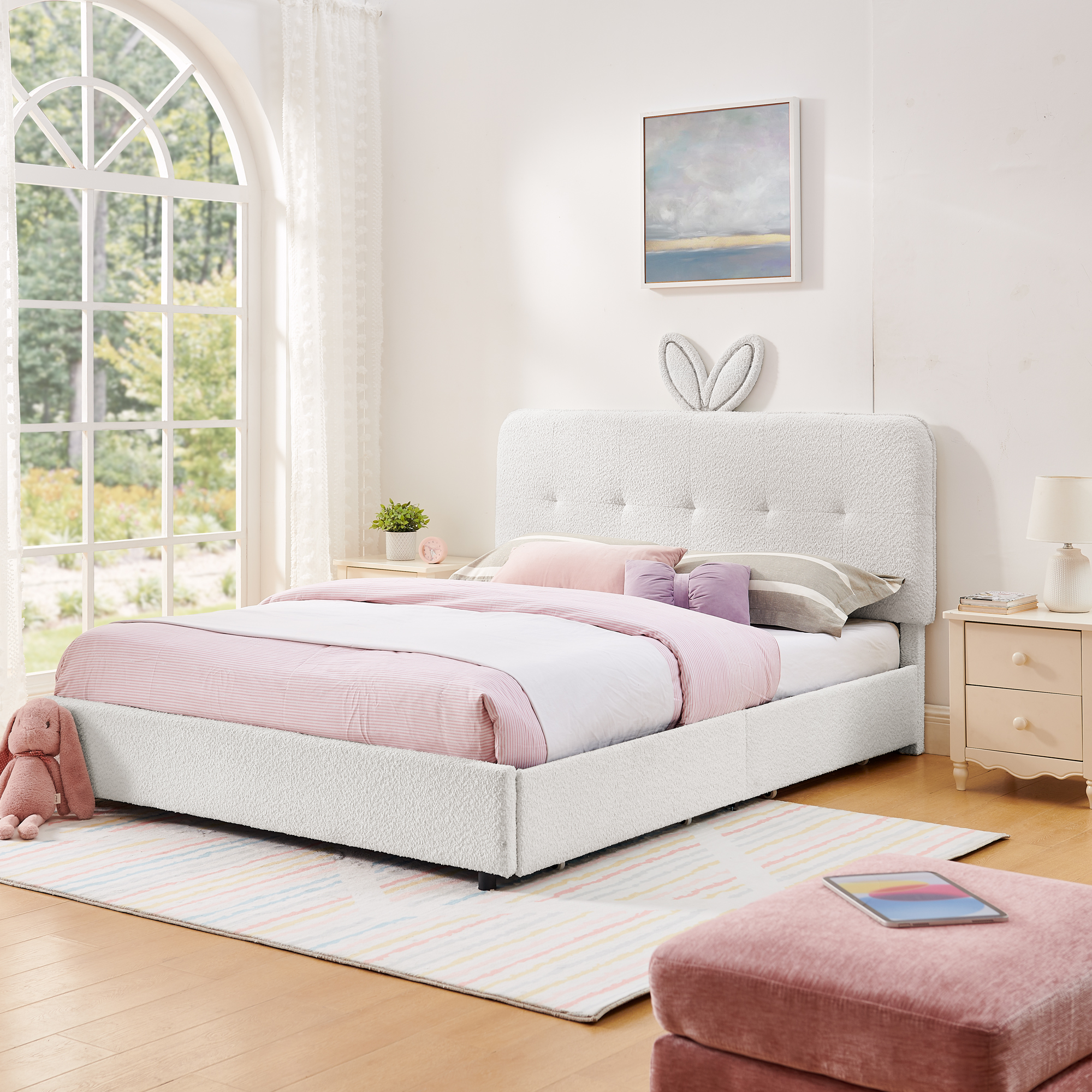 Queen Size Kids Upholstered Bed with Oversized Rabbit Ear Headboard, LED Light & 4 Storage Drawers, Boucle Fabric (84.5''X62.75''X41'') - Image 1