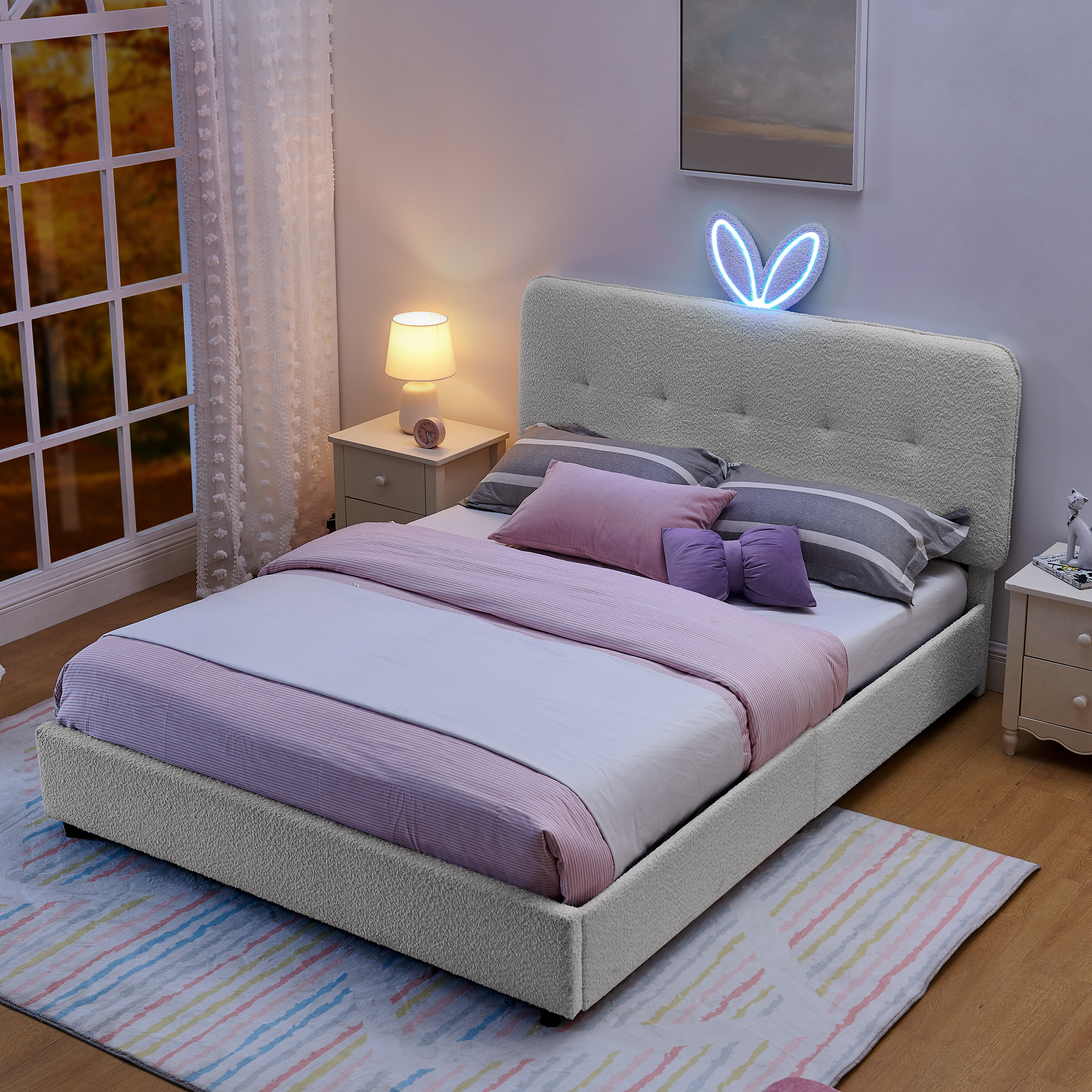 Queen Size Kids Upholstered Bed with Oversized Rabbit Ear Headboard, LED Light & 4 Storage Drawers, Boucle Fabric (84.5''X62.75''X41'') - Image 2