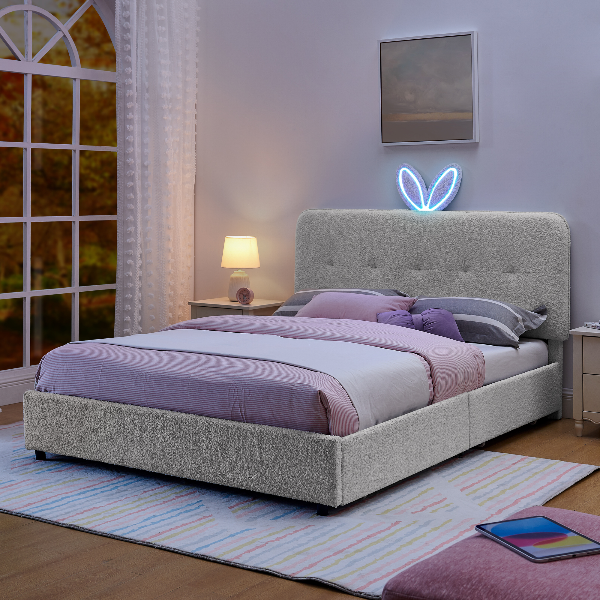 Queen Size Kids Upholstered Bed with Oversized Rabbit Ear Headboard, LED Light & 4 Storage Drawers, Boucle Fabric (84.5''X62.75''X41'') - Image 3