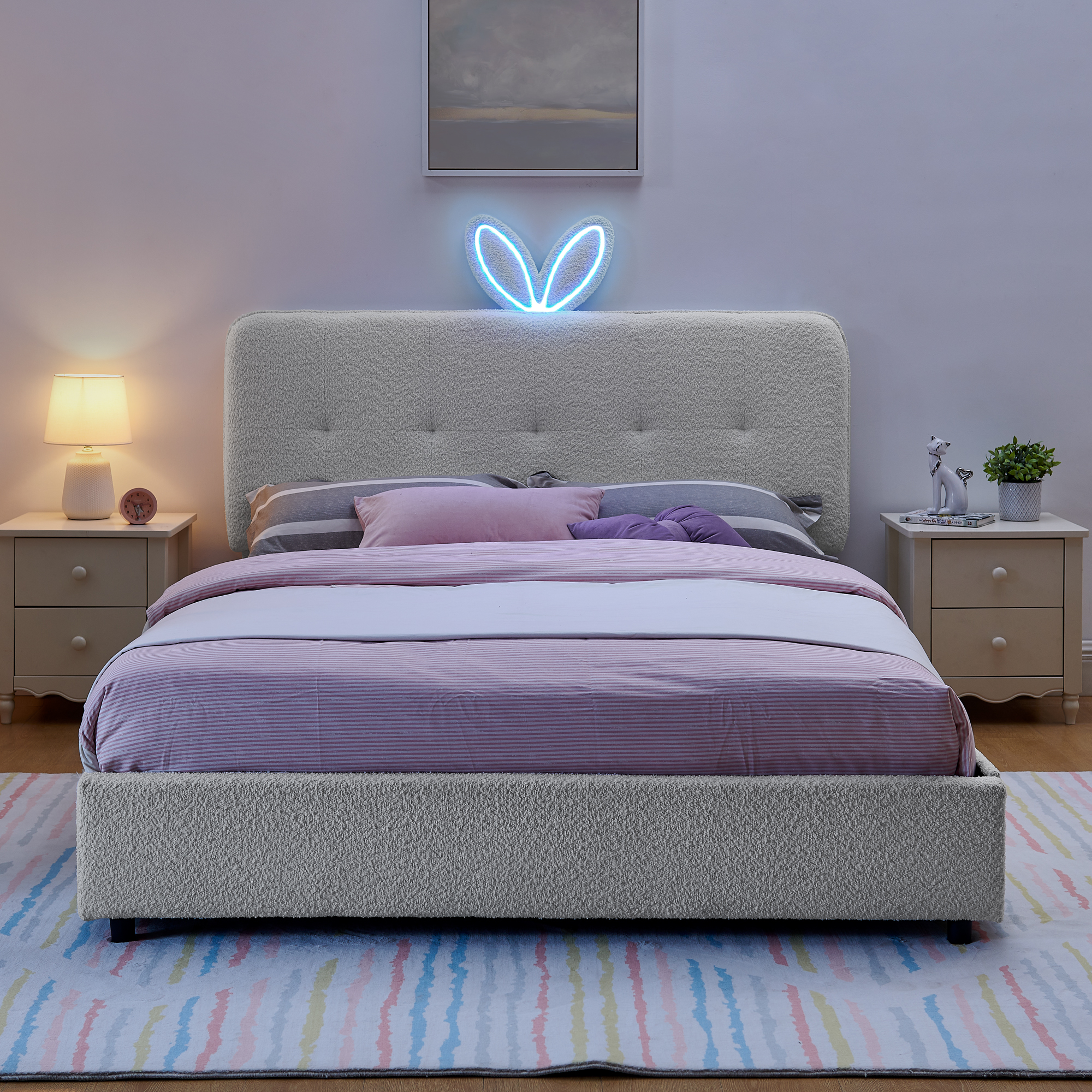 Queen Size Kids Upholstered Bed with Oversized Rabbit Ear Headboard, LED Light & 4 Storage Drawers, Boucle Fabric (84.5''X62.75''X41'') - Image 4