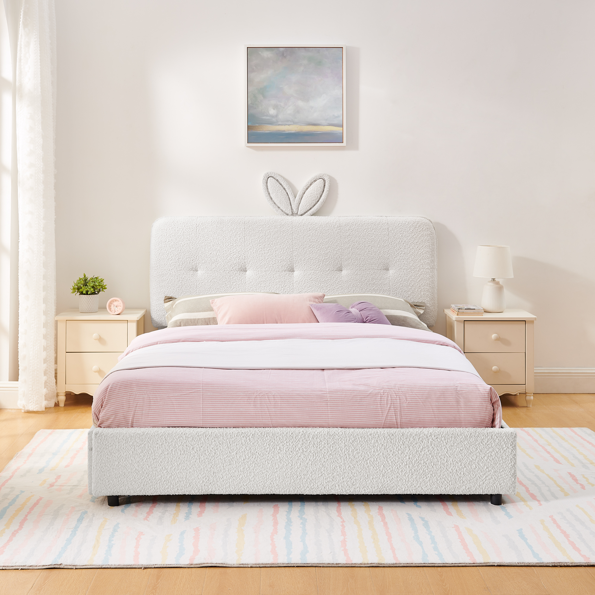 Queen Size Kids Upholstered Bed with Oversized Rabbit Ear Headboard, LED Light & 4 Storage Drawers, Boucle Fabric (84.5''X62.75''X41'') - Image 5