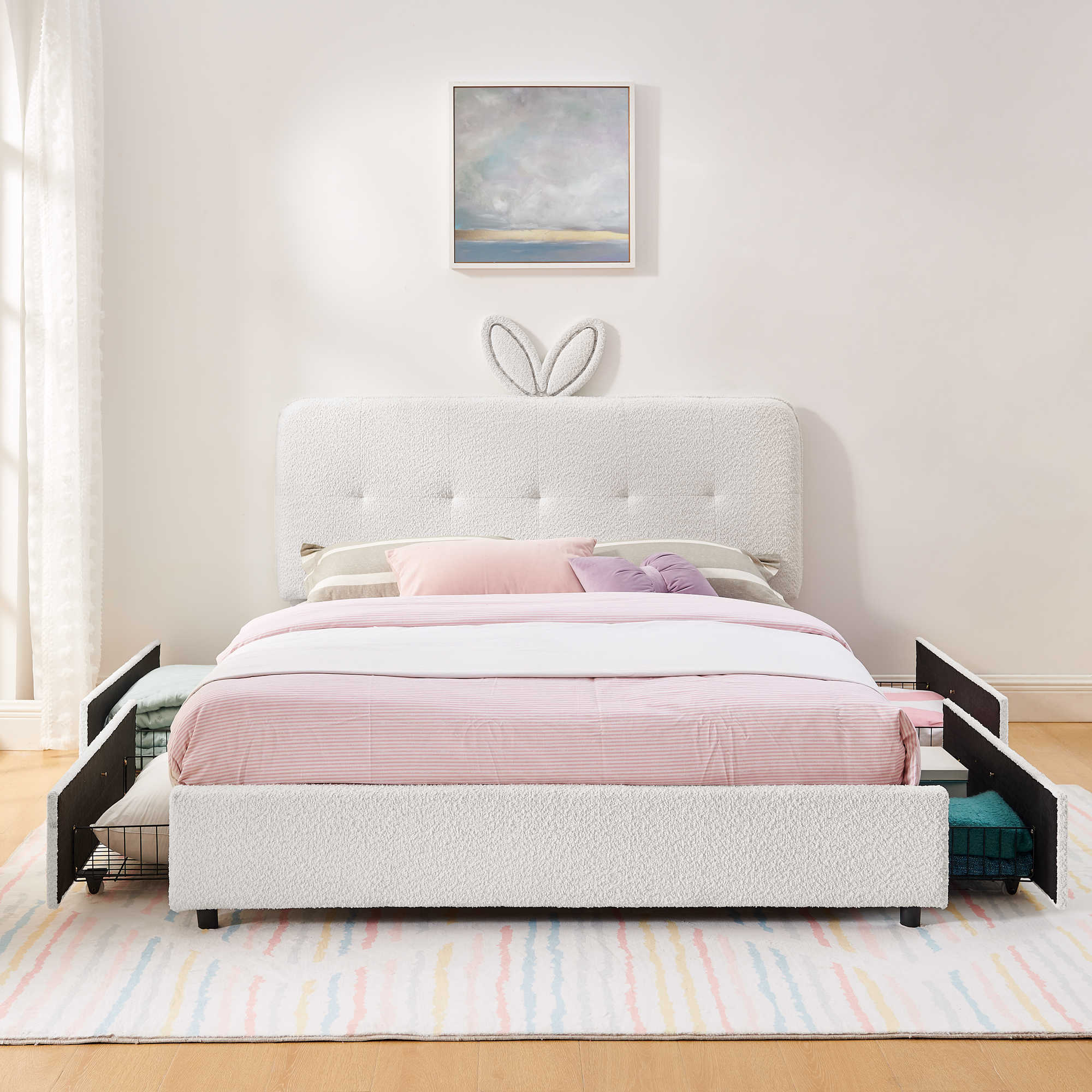 Queen Size Kids Upholstered Bed with Oversized Rabbit Ear Headboard, LED Light & 4 Storage Drawers, Boucle Fabric (84.5''X62.75''X41'') - Image 6
