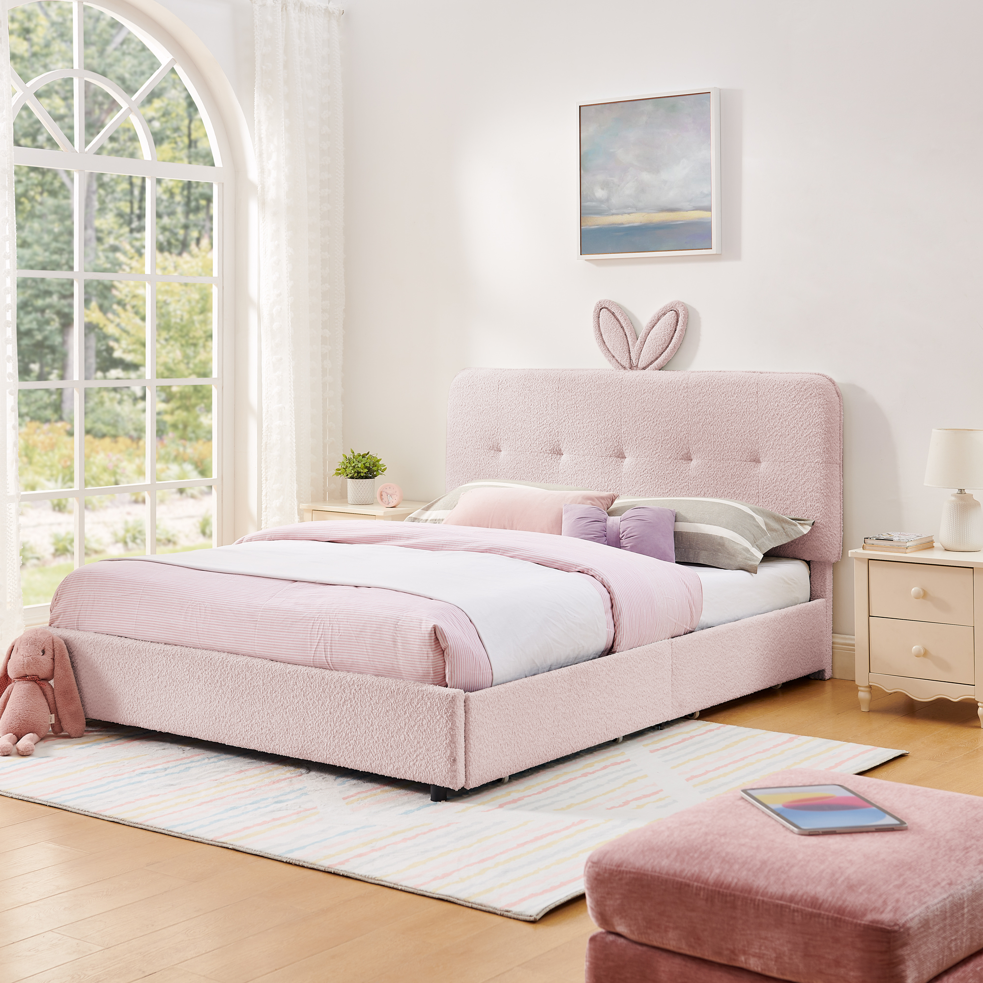 Queen Size Kids Upholstered Bed with Oversized Rabbit Ear Headboard, LED Light & 4 Storage Drawers, Boucle Fabric (84.5”X62.75”X41”)