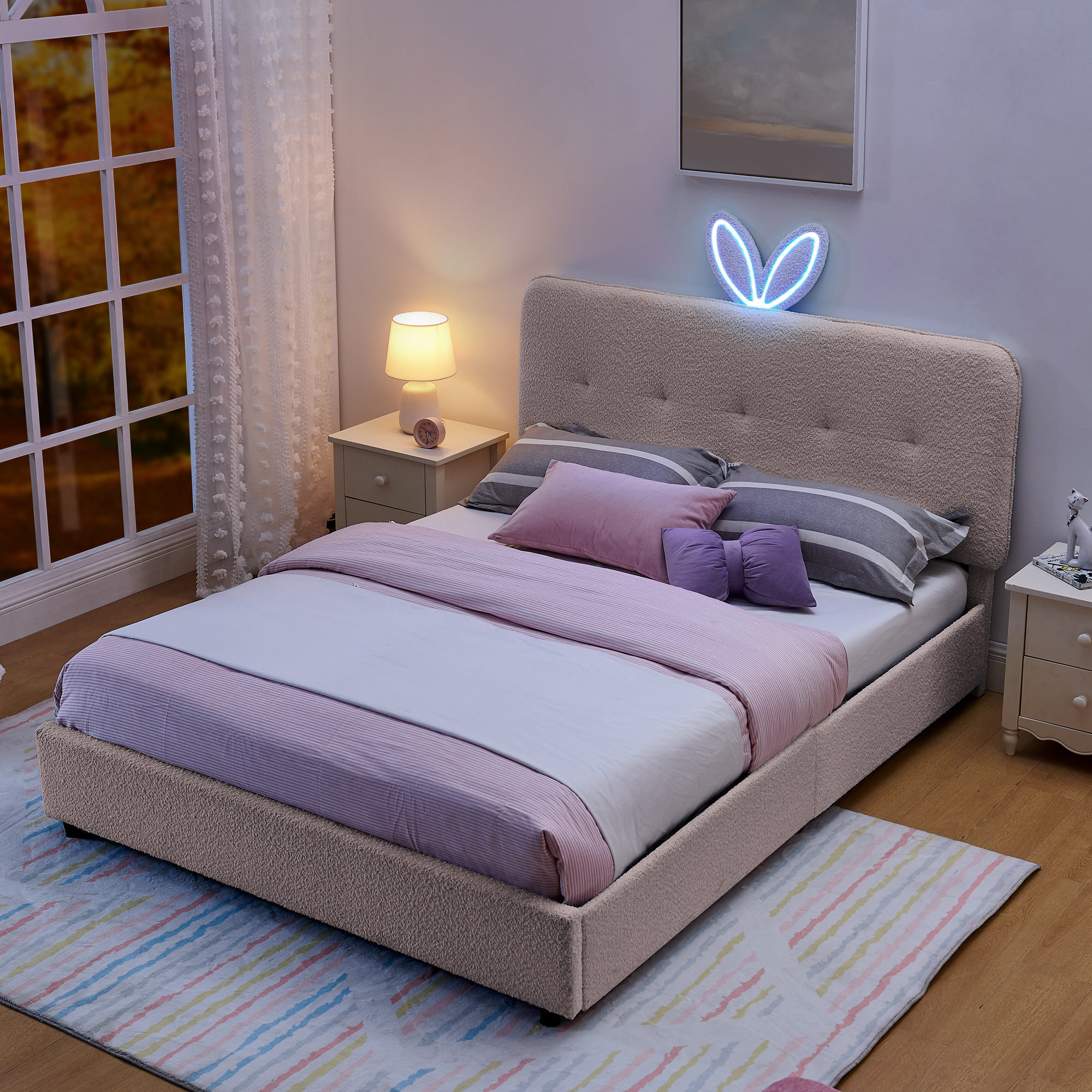 Queen Size Kids Upholstered Bed with Oversized Rabbit Ear Headboard, LED Light & 4 Storage Drawers, Boucle Fabric (84.5''X62.75''X41'') - Image 2
