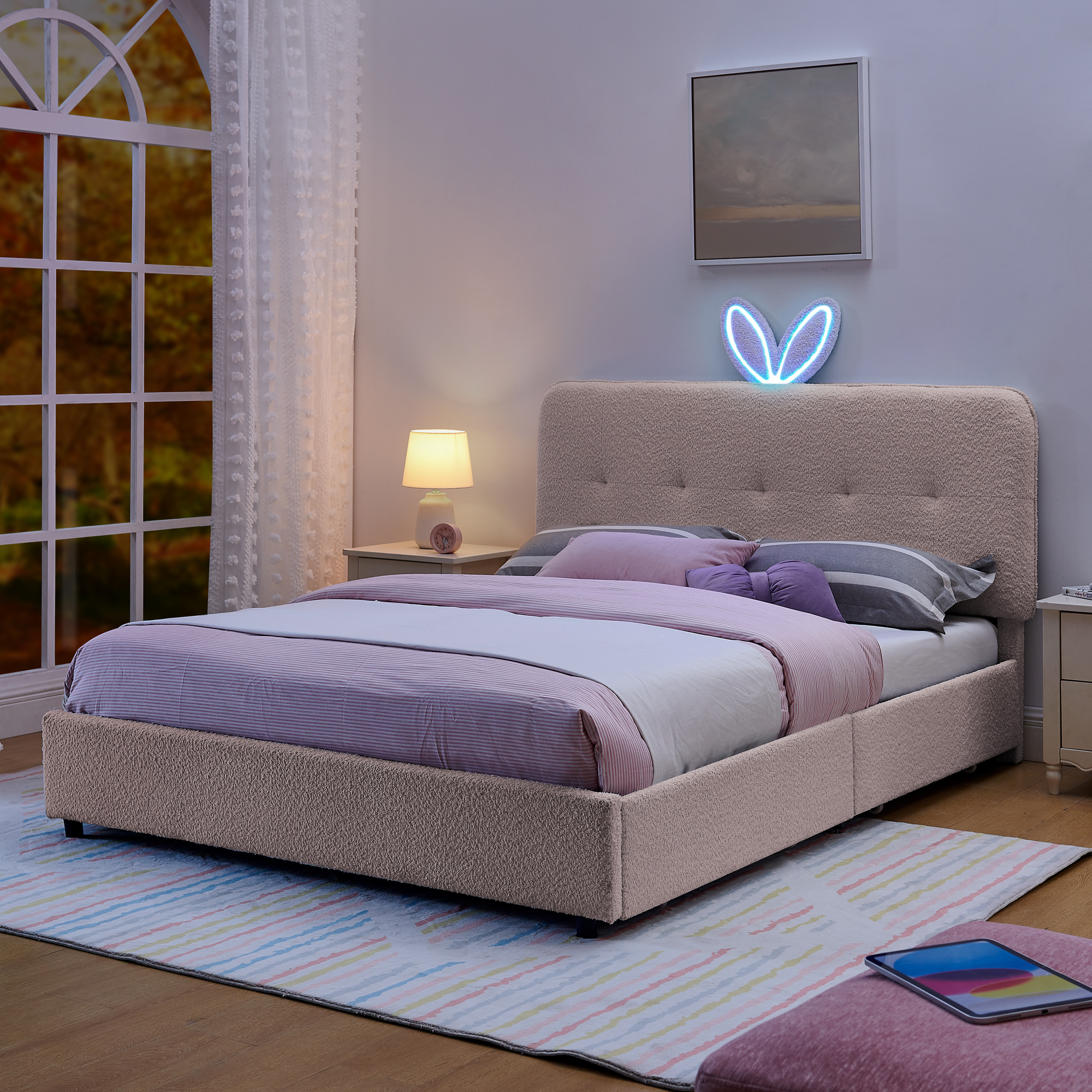 Queen Size Kids Upholstered Bed with Oversized Rabbit Ear Headboard, LED Light & 4 Storage Drawers, Boucle Fabric (84.5''X62.75''X41'') - Image 3