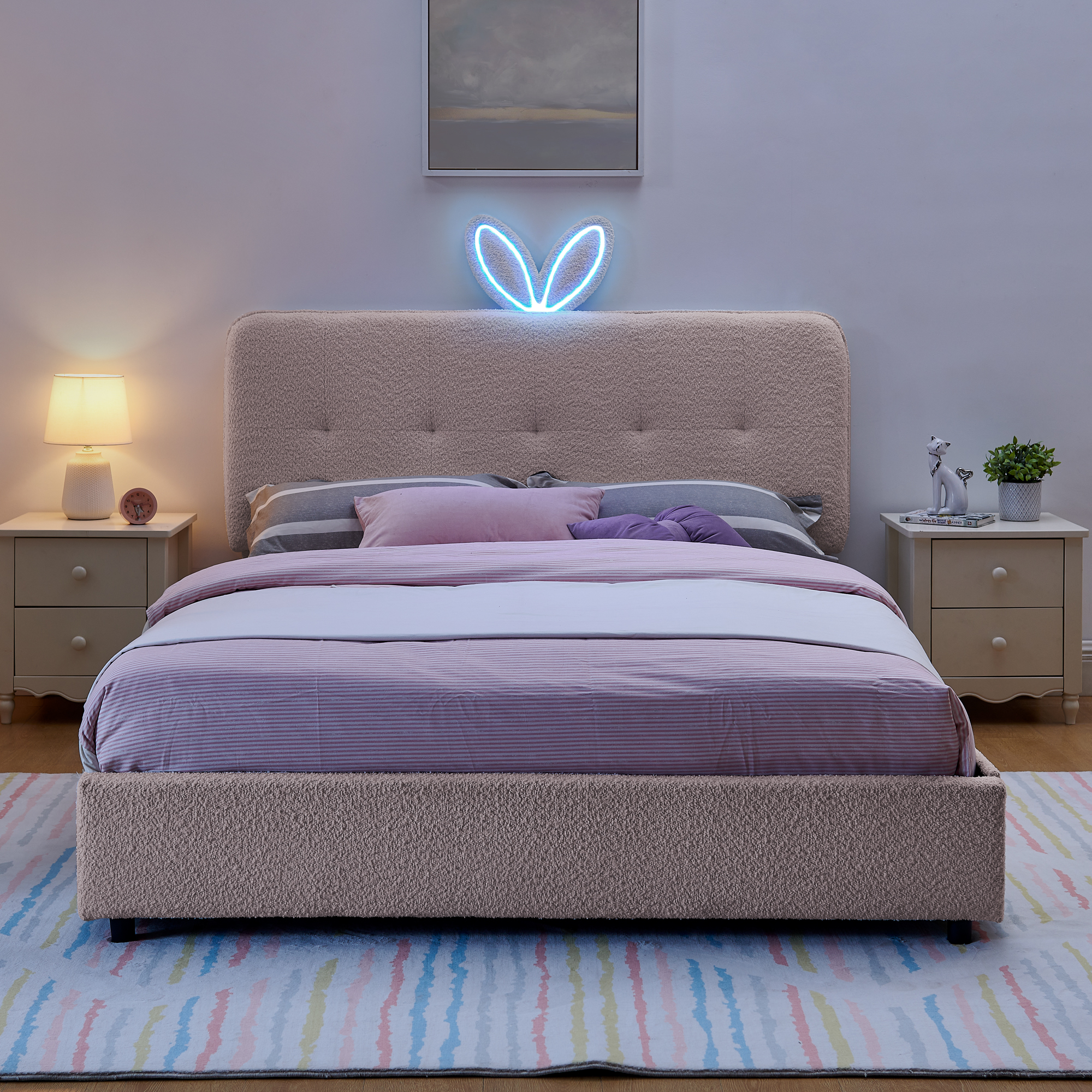 Queen Size Kids Upholstered Bed with Oversized Rabbit Ear Headboard, LED Light & 4 Storage Drawers, Boucle Fabric (84.5''X62.75''X41'') - Image 4