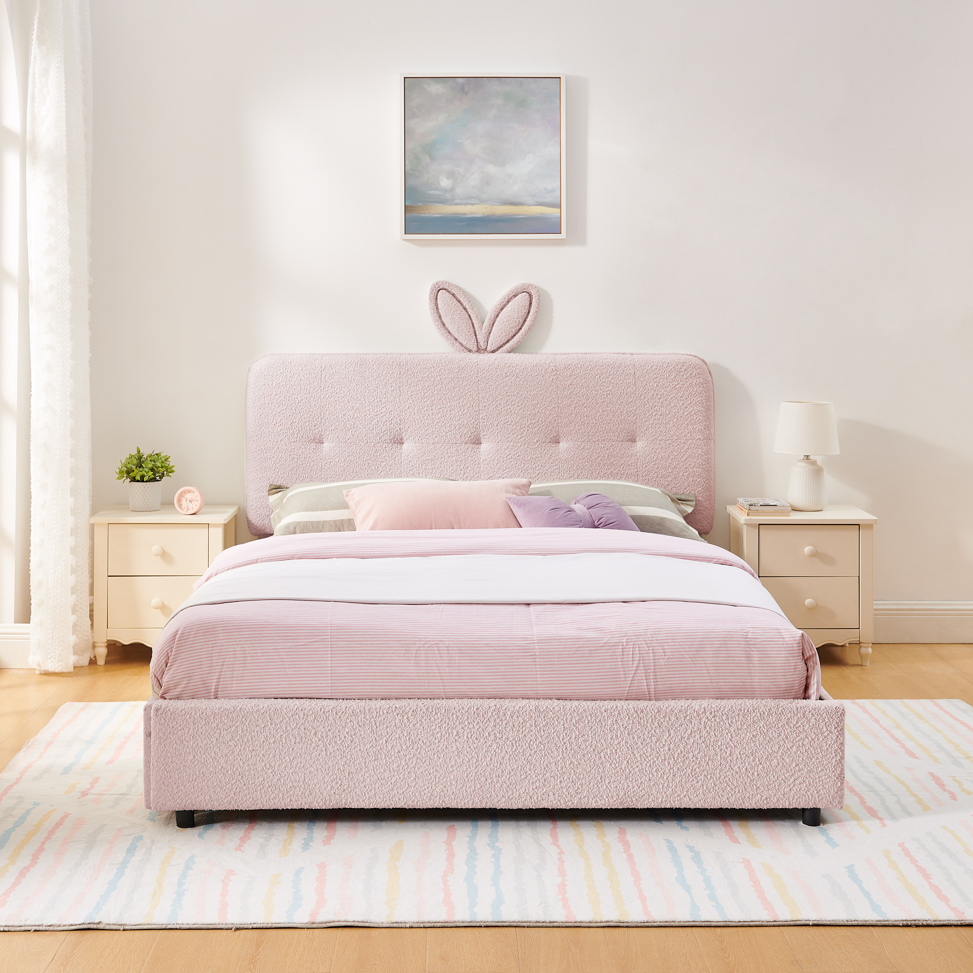 Queen Size Kids Upholstered Bed with Oversized Rabbit Ear Headboard, LED Light & 4 Storage Drawers, Boucle Fabric (84.5''X62.75''X41'') - Image 5