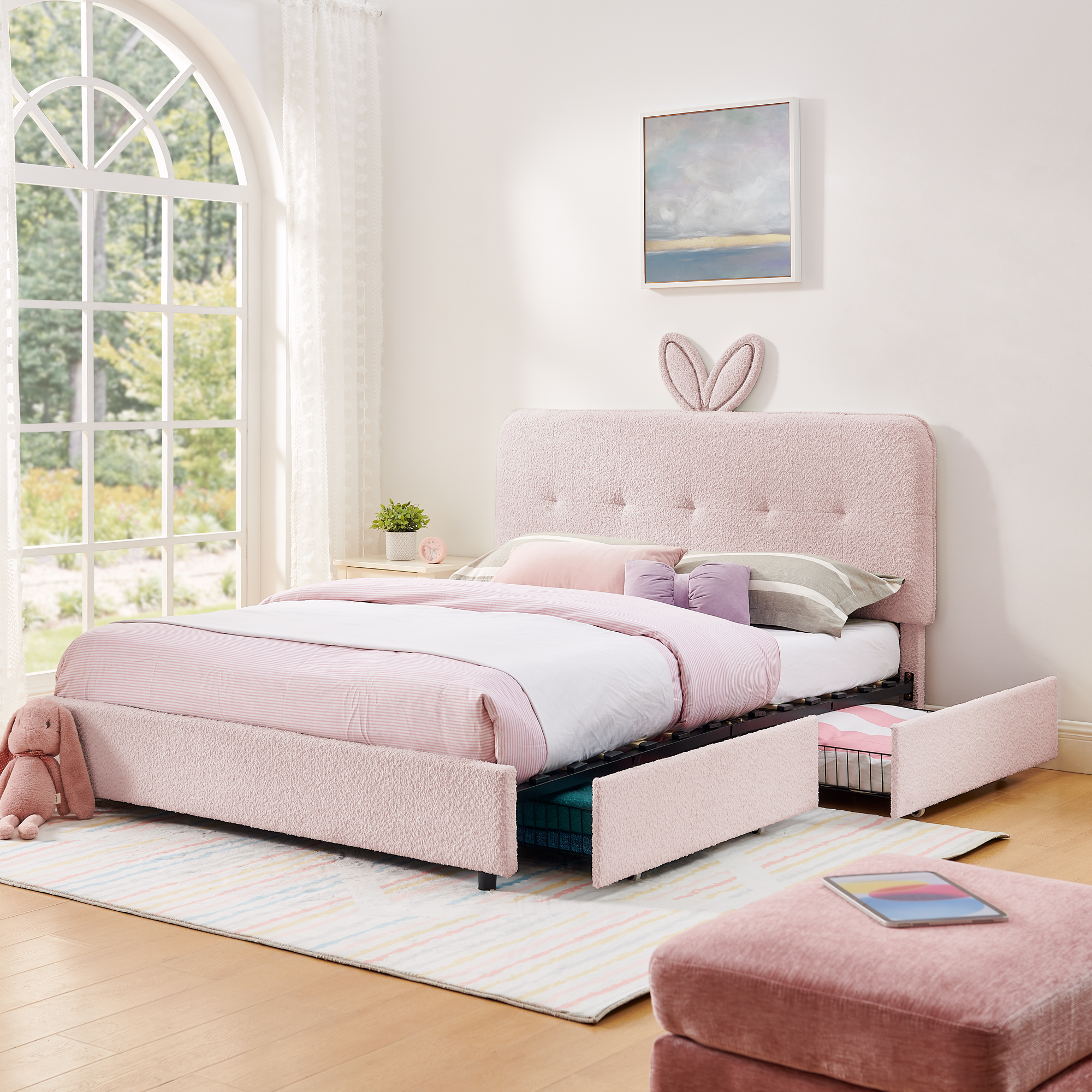 Queen Size Kids Upholstered Bed with Oversized Rabbit Ear Headboard, LED Light & 4 Storage Drawers, Boucle Fabric (84.5''X62.75''X41'') - Image 6