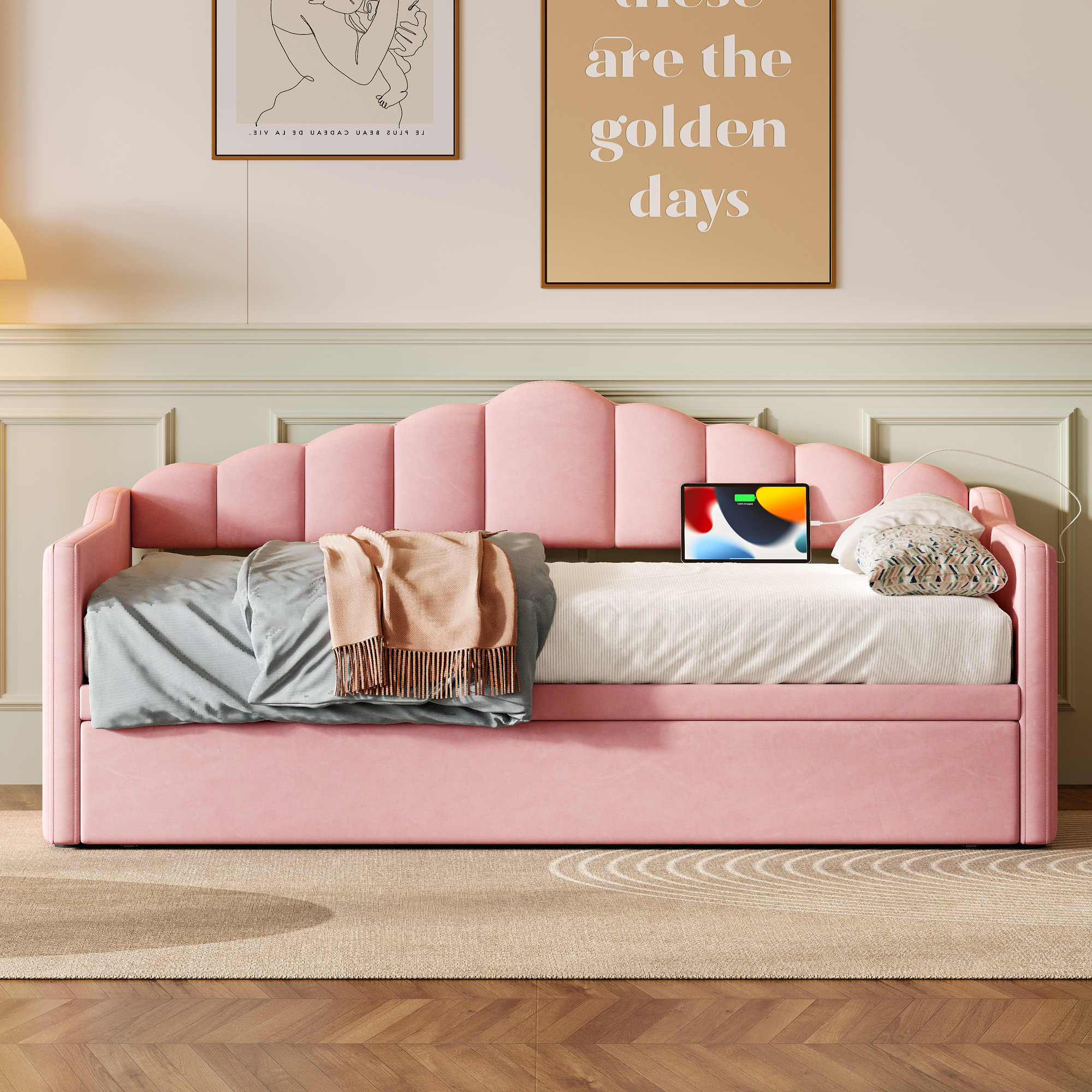 Upholstered Twin Size Daybed with Adjustable Height Pop Up Trundle Twin Bed and USB & Type-C Charging Port, Day Bed Frame with 2 Side Pockets, No Box-Spring Needed, Pink(Old SKU:N733S285118H) - Image 2